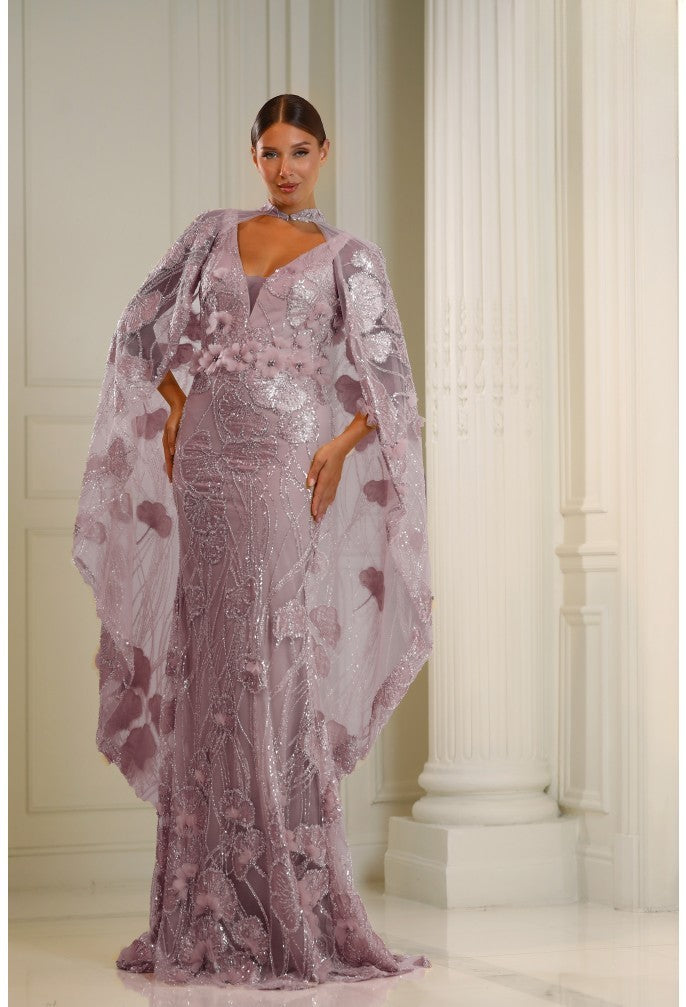 Terani Couture 251M4326 Fitted Long Formal Beaded 3D Floral Cape Evening Dress