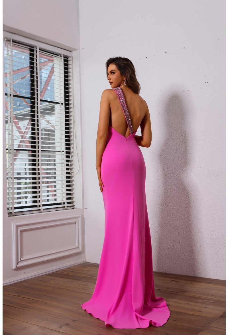 Hot Pink Terani Couture 251P4036 Beaded Slit Long Formal Fitted