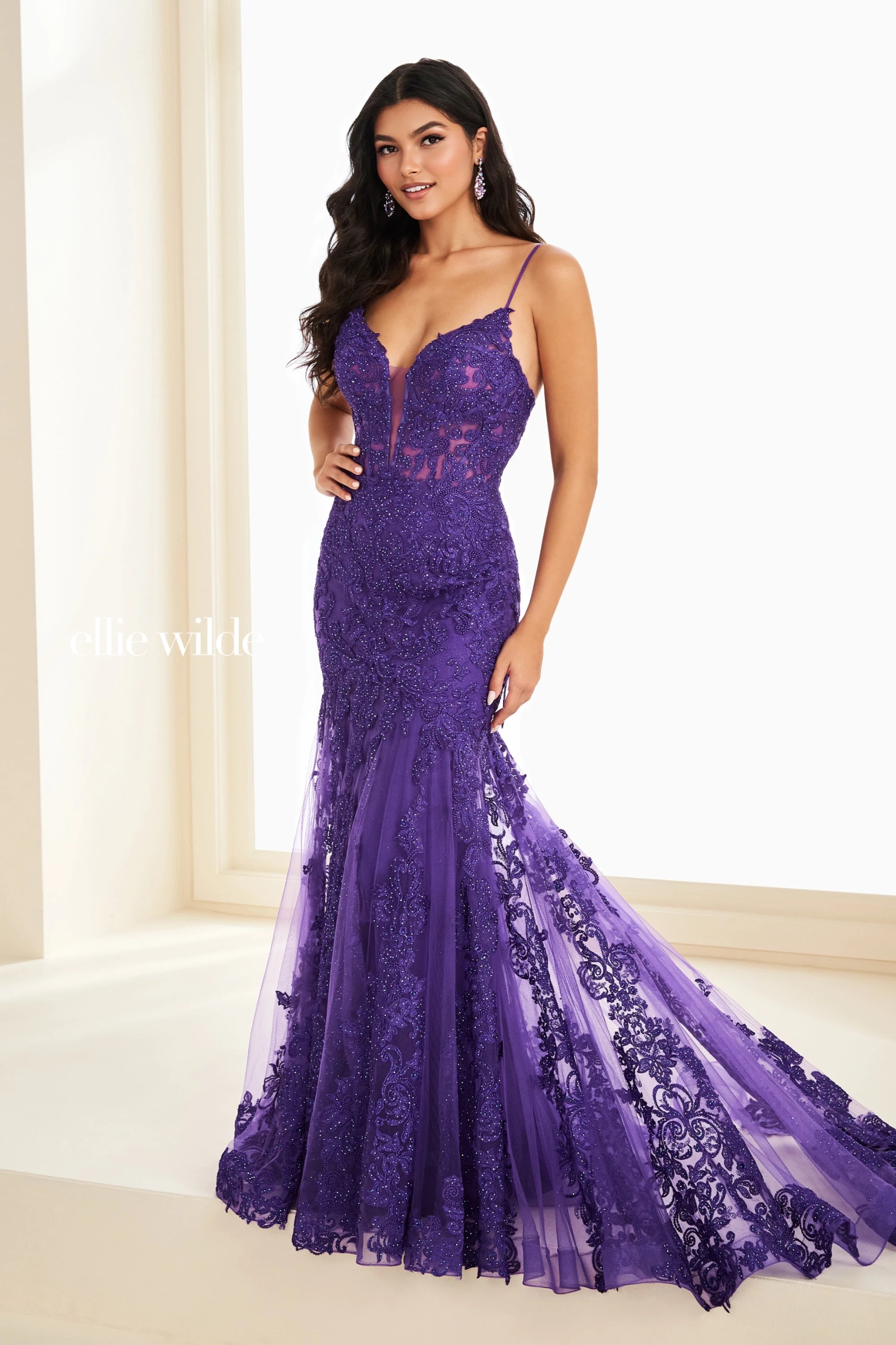 Prom Dresses Long Formal Lace Glitter Mermaid Prom Dress Ellie Wilde EW37209 Purple
