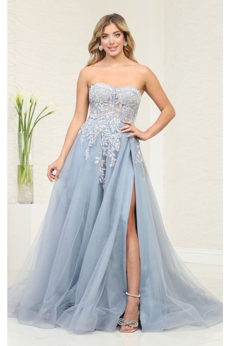 Dusty Blue Strapless Floor-Length Tulle Prom Dress High Slit May Queen RQ8135