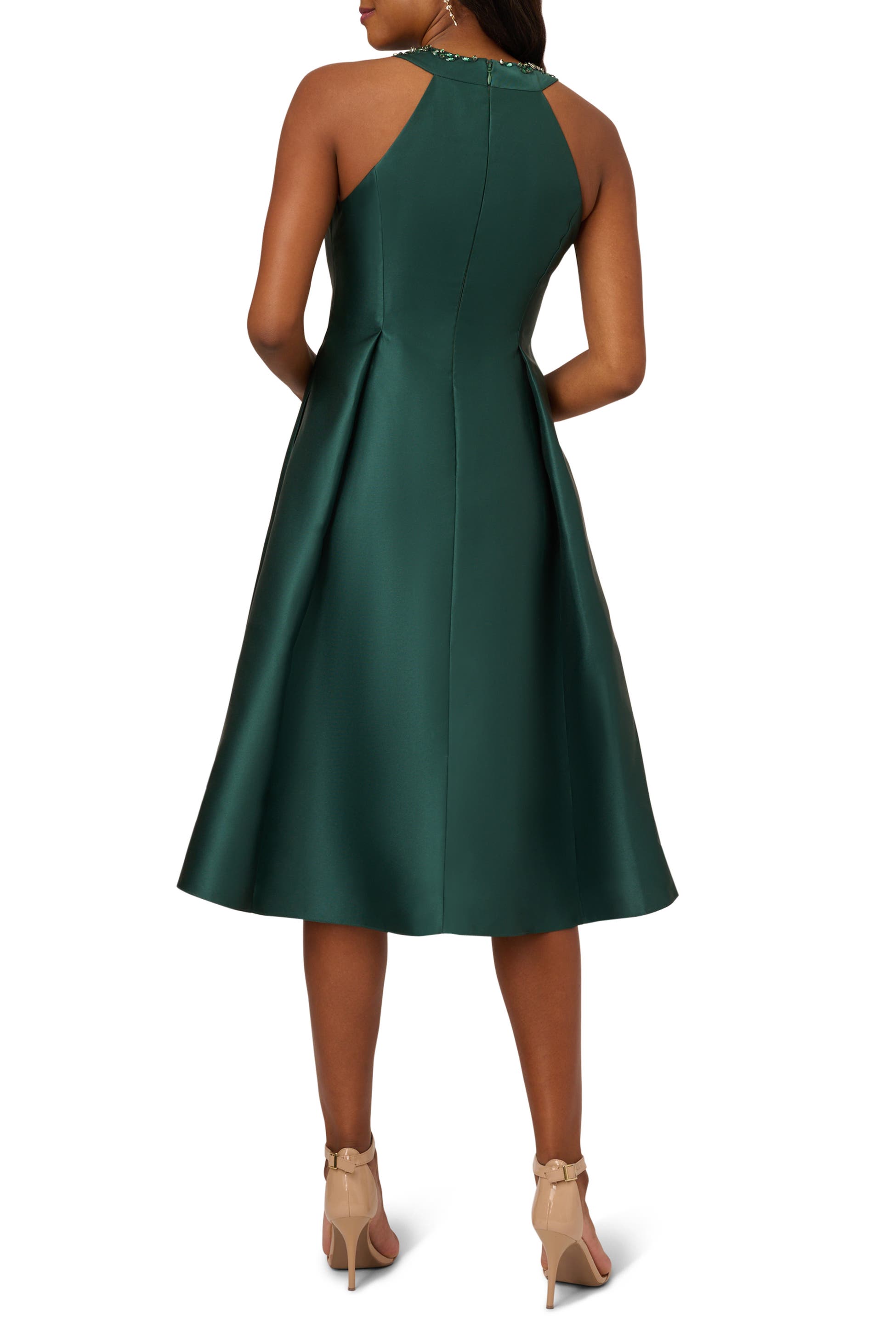 Dark Forest Adrianna Papell AP1E201904 Jeweled High-Neck Satin Cocktai Dress High-Low
