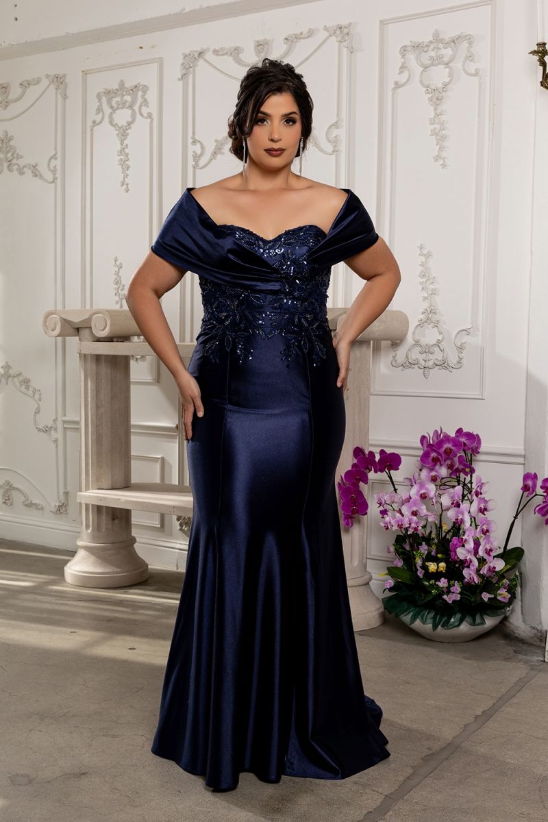 Off-the-Shoulder Floor-Length Satin Formal Dress Sheath May Queen 2174