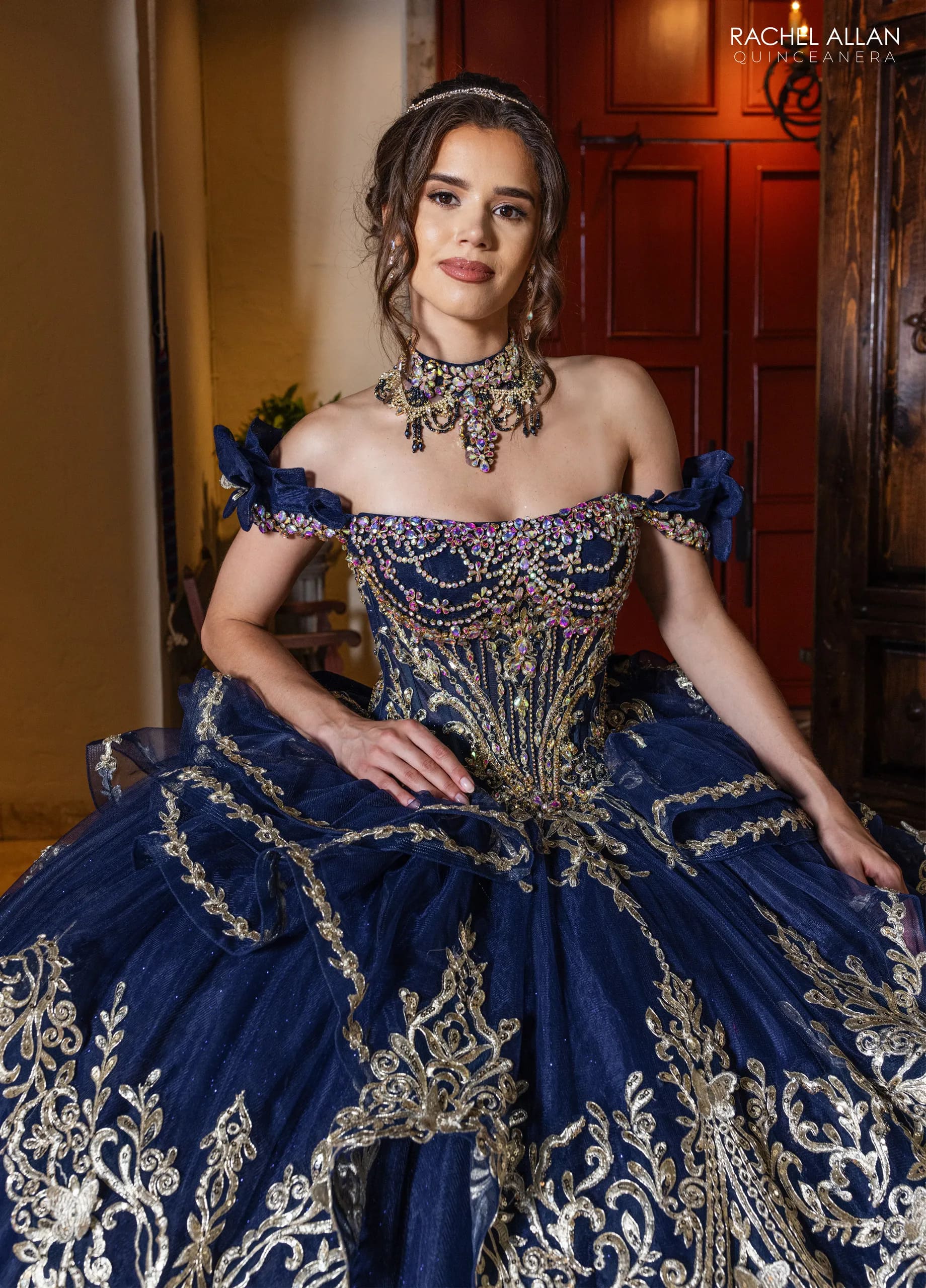Navy Gold Off the Shoulder Floor-Length Glitter Tulle Quinceanera Ball-Gown with Detachable Bow Rachel Allan RQ1180