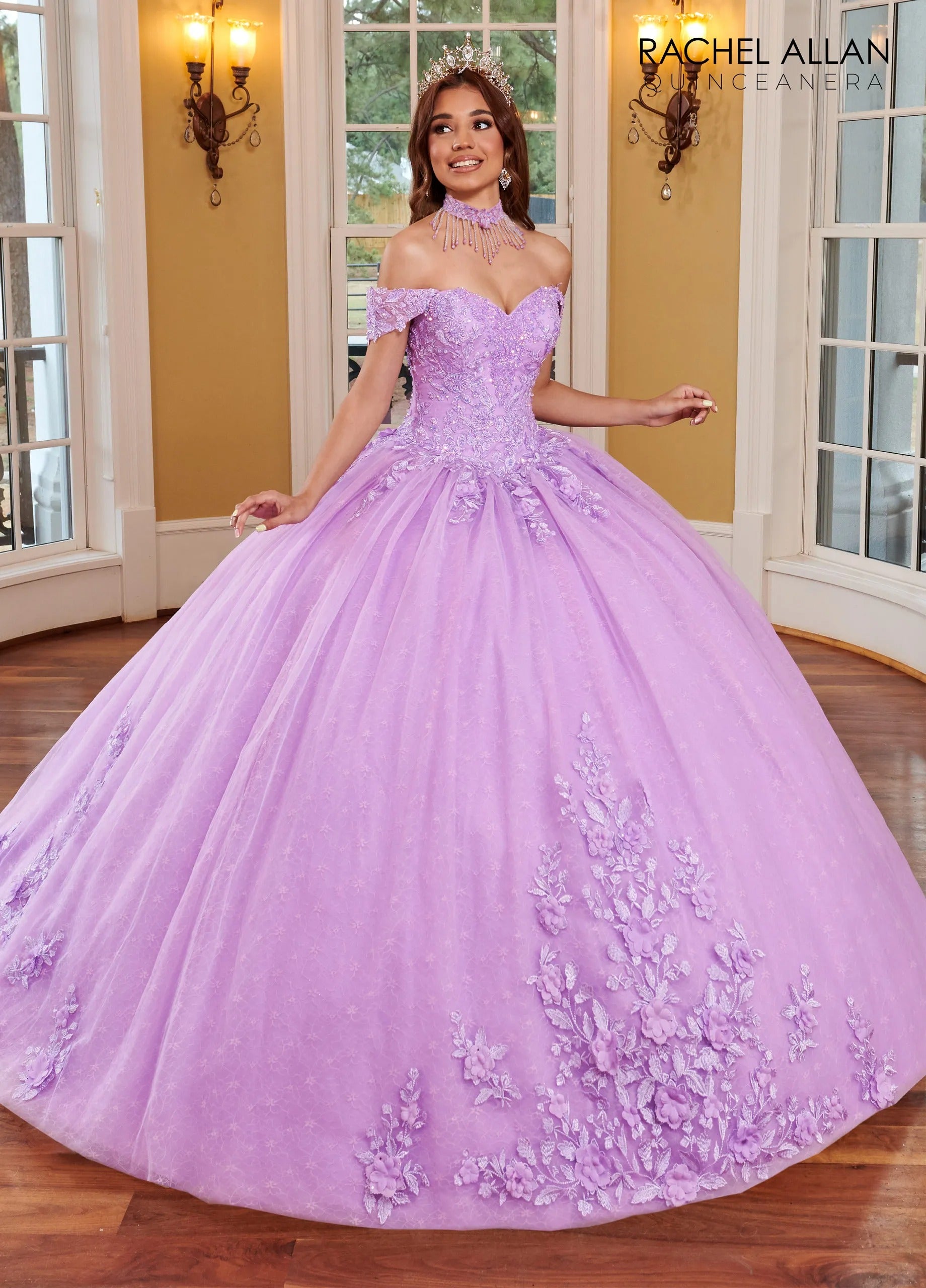 Lilac Off-the-Shoulder Floor-Length Glitter Tulle Quinceanera Ball Gown with Lace Applique Rachel Allan RQ1112