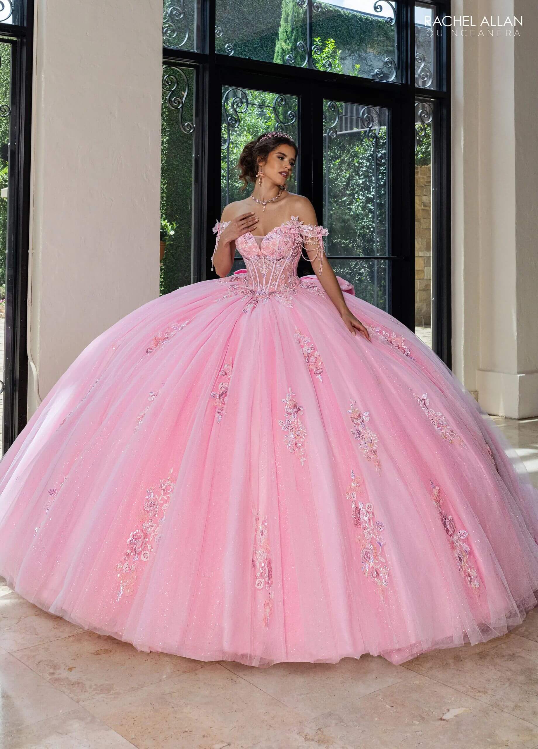Pink Off the Shoulder Floor Length Glitter Tulle Quinceanera Ball Gown with Floral Applique Rachel Allan RQ1184