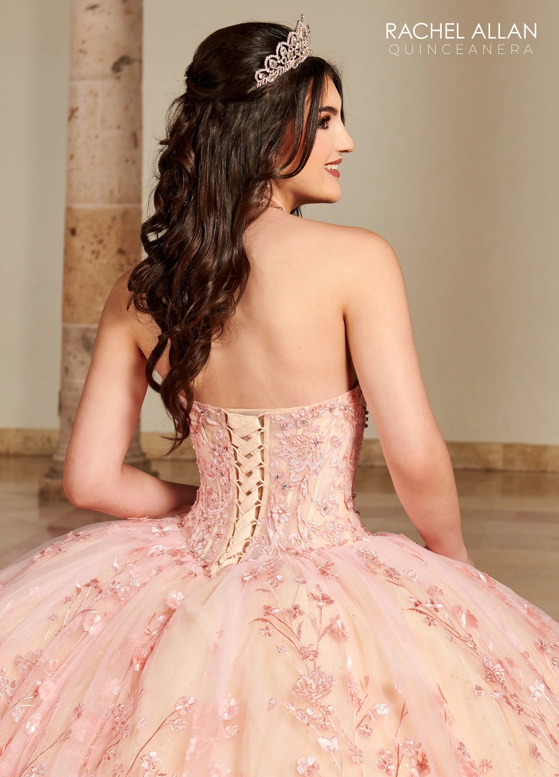 Blush Champagne Sweetheart Floor-Length Glitter Tulle Quinceañera Gown with Detachable Puff Sleeves and Bolero Jacket Rachel Allan RQ1123