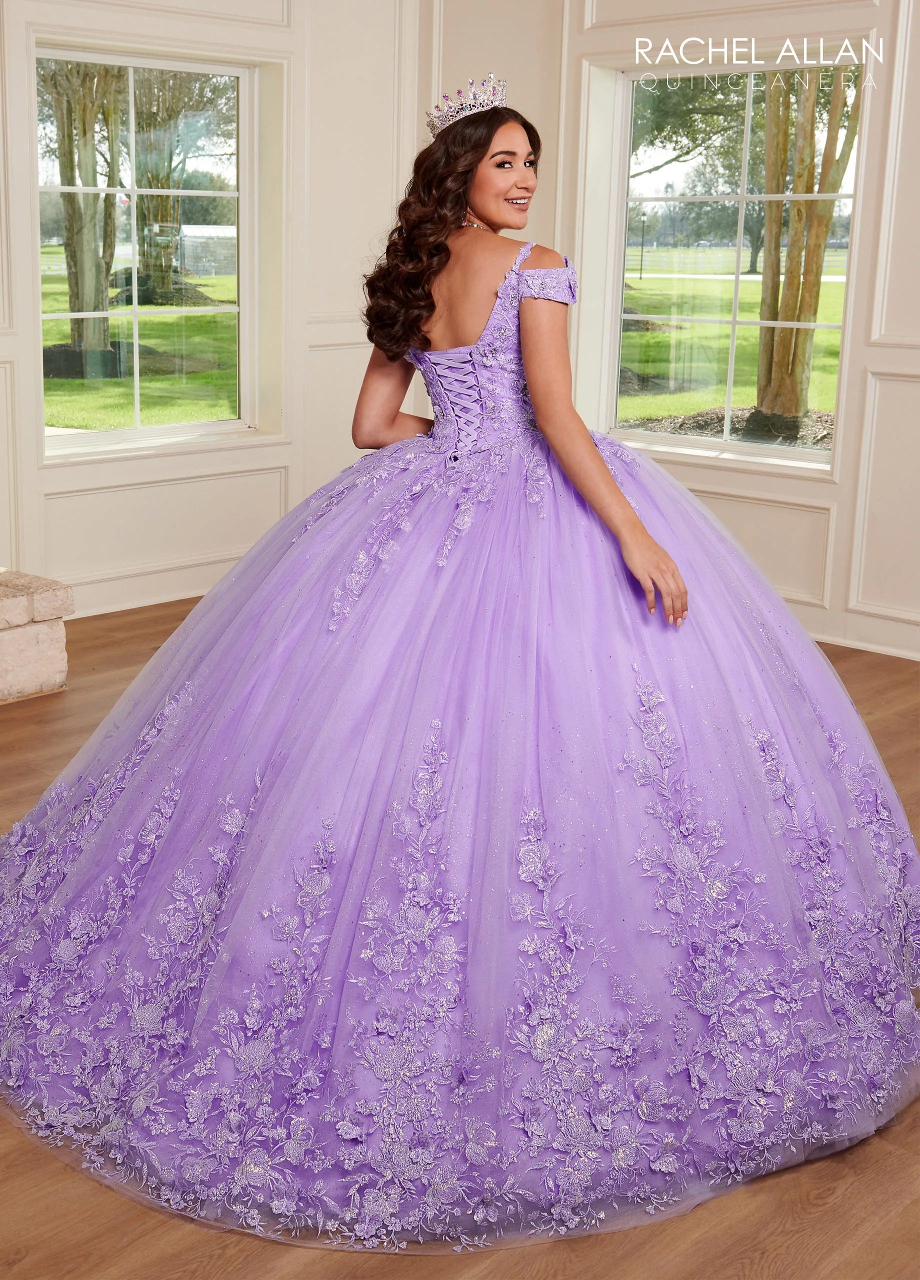 Lilac V Neck Floor-Length Glitter Tulle Quinceanera Ball Gown with 3D Butterflies Rachel Allan RQ1126