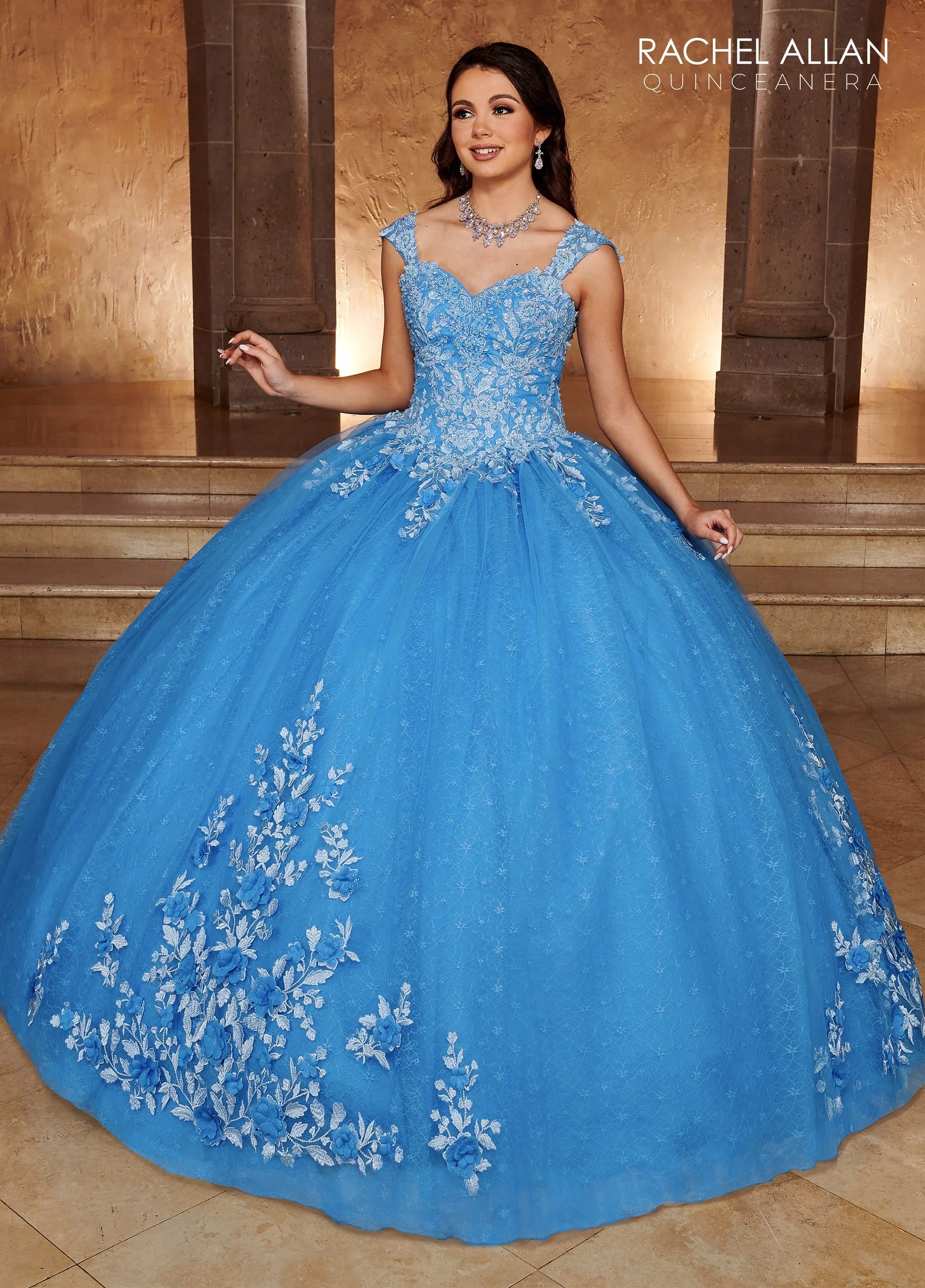 Azure Off-the-Shoulder Floor-Length Glitter Tulle Quinceanera Ball Gown with Lace Applique Rachel Allan RQ1112