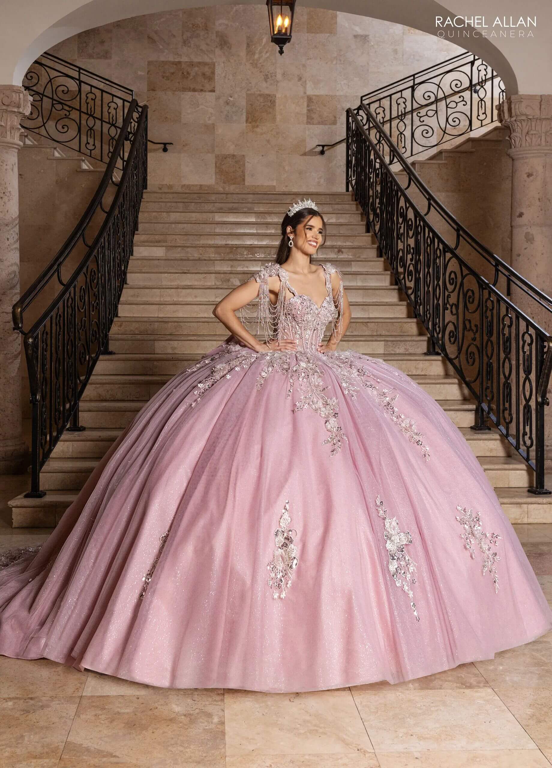 Rose Sweetheart Floor Length Glitter Tulle Quinceanera Ball Gown with Beaded Fringe Straps Rachel Allan RQ1182