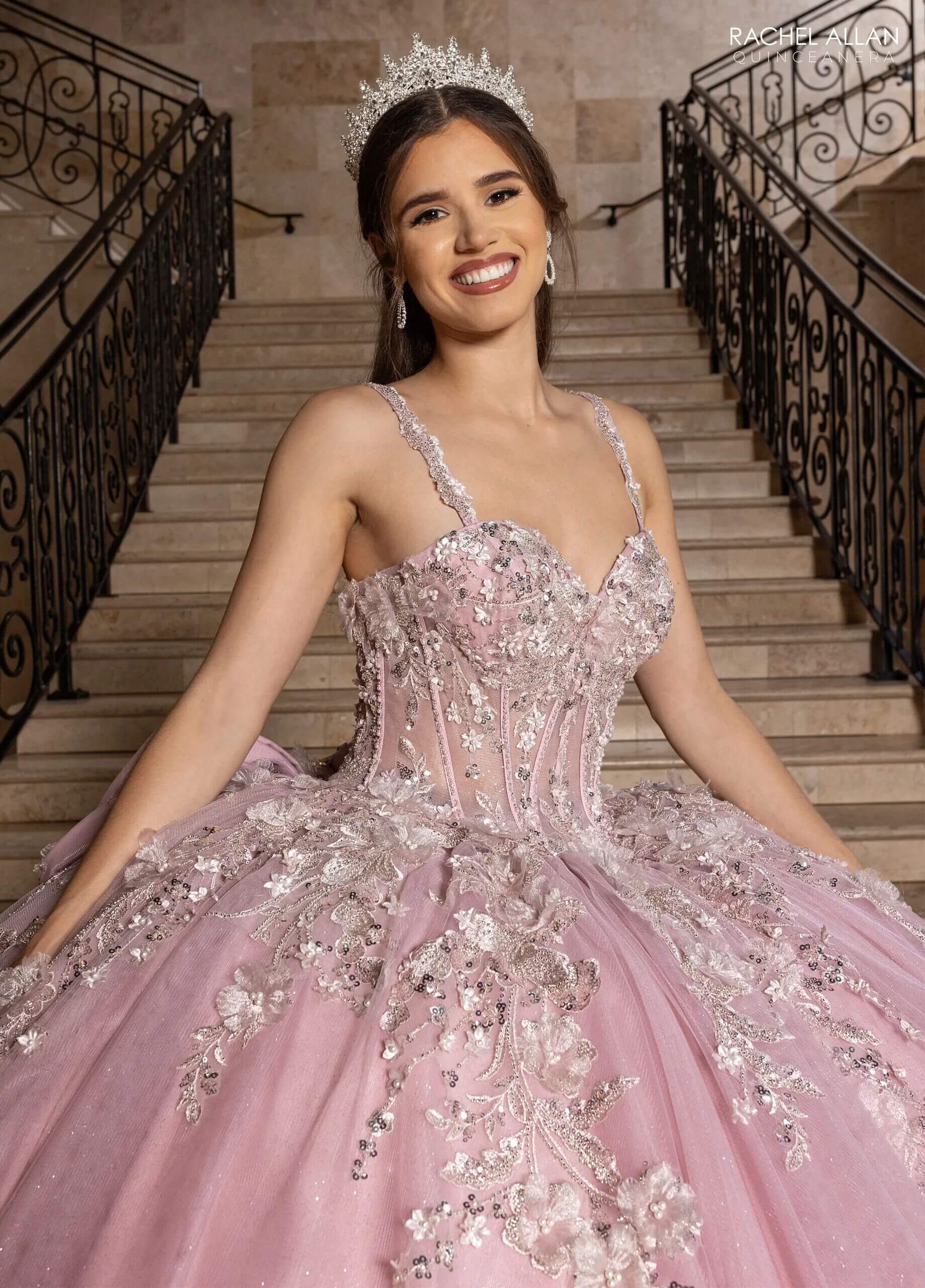 Rose Sweetheart Floor Length Glitter Tulle Quinceanera Ball Gown with Beaded Fringe Straps Rachel Allan RQ1182