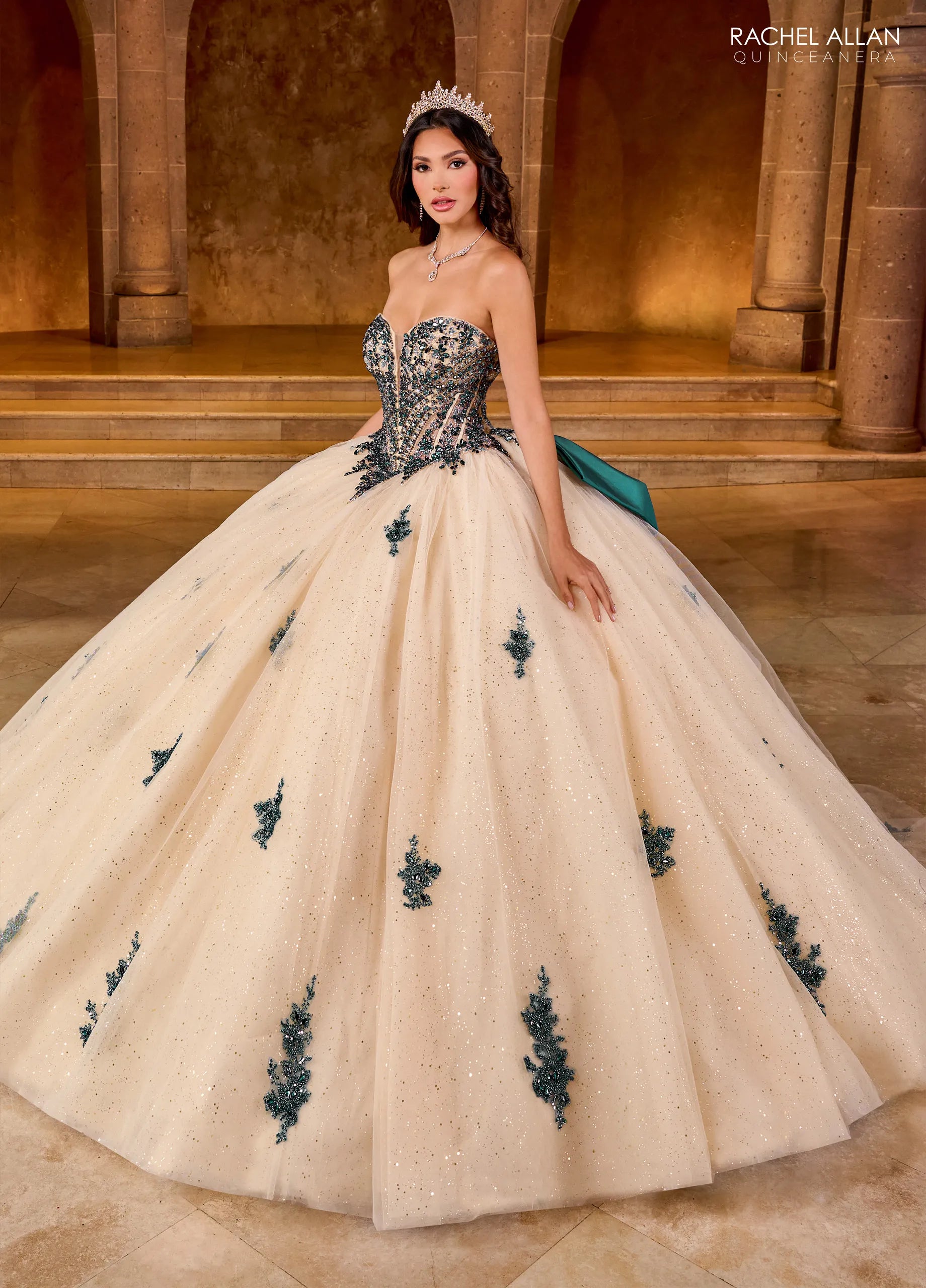 Champagne Peacock Sweetheart Floor Length Glitter Tulle Quinceanera Ball Gown with Detachable Bow Rachel Rachel Allan RQ1152