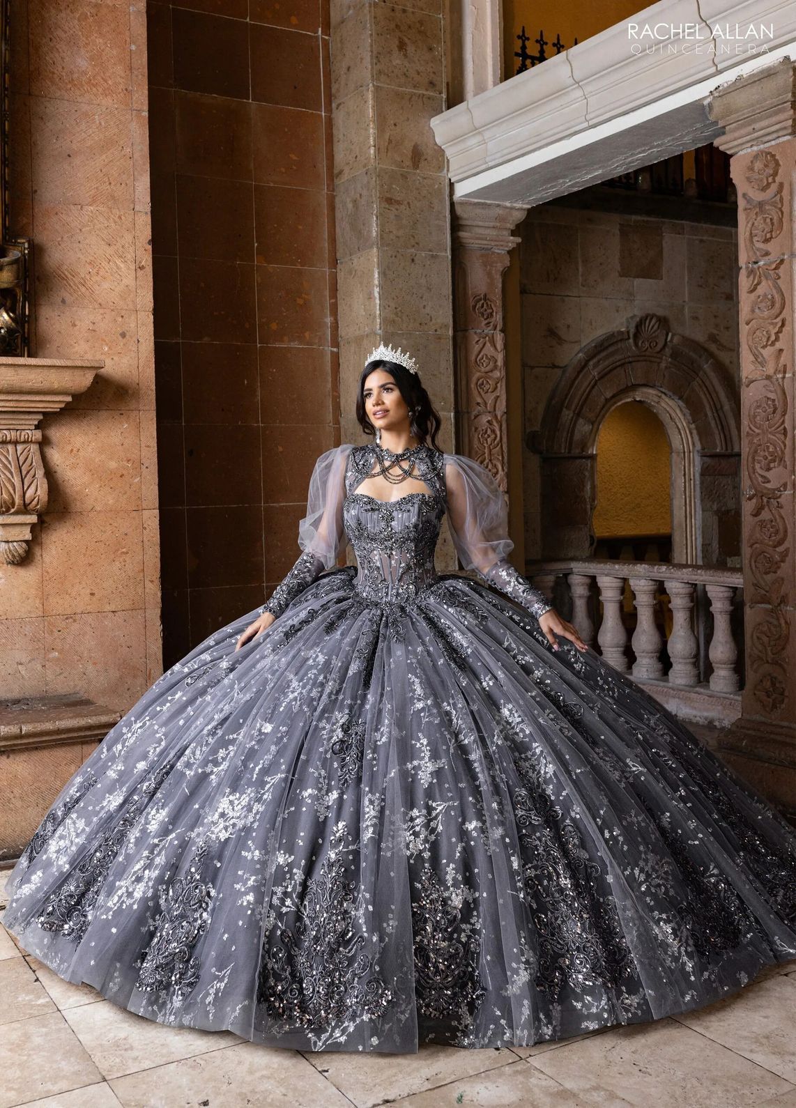 Gunmetal Silver High Neck Floor Length Glitter Tulle Quinceanera Ball Gown with Detachable Sleeves Rachel Allan RQ1172