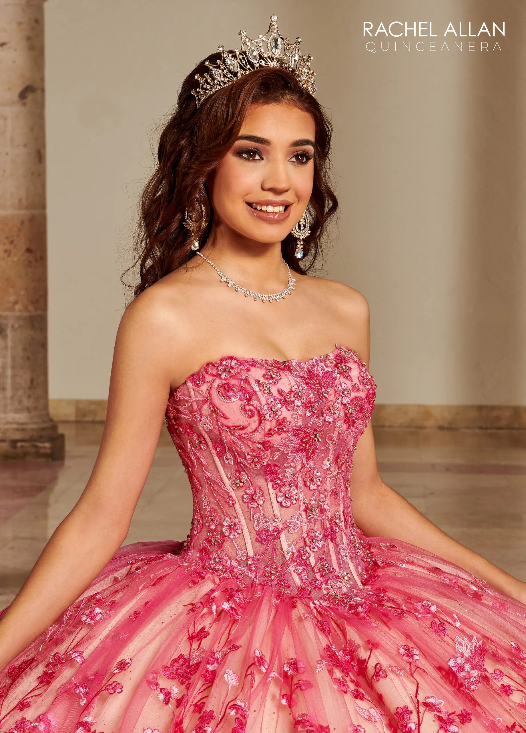 Fuchsia Champagne Sweetheart Floor-Length Glitter Tulle Quinceañera Gown with Detachable Puff Sleeves and Bolero Jacket Rachel Allan RQ1123