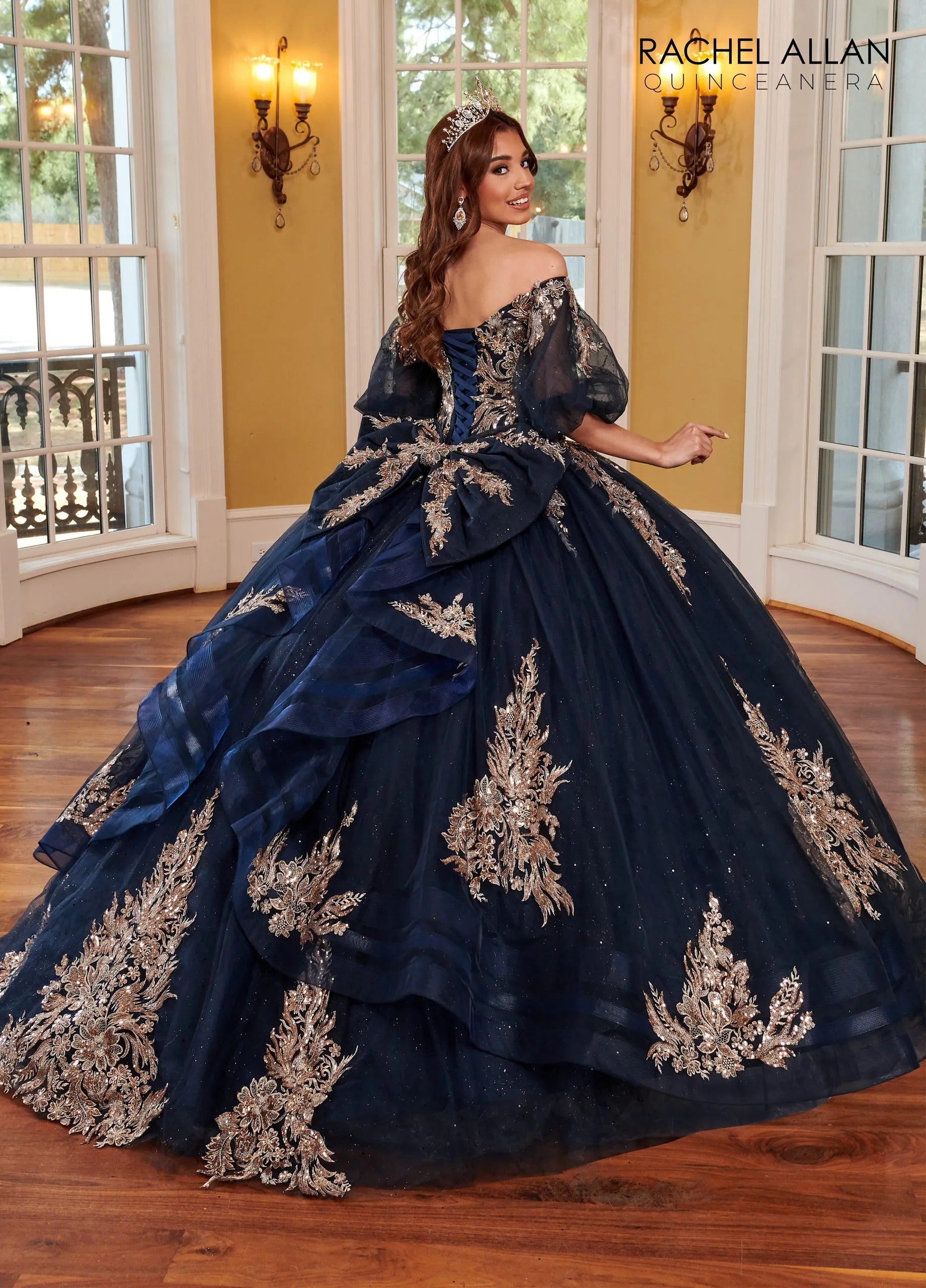  Navy Rose Gold Off the Shoulder Floor Length Glitter Tulle Quinceanera Ball Gown with Puff Sleeves Rachel Allan RQ1110