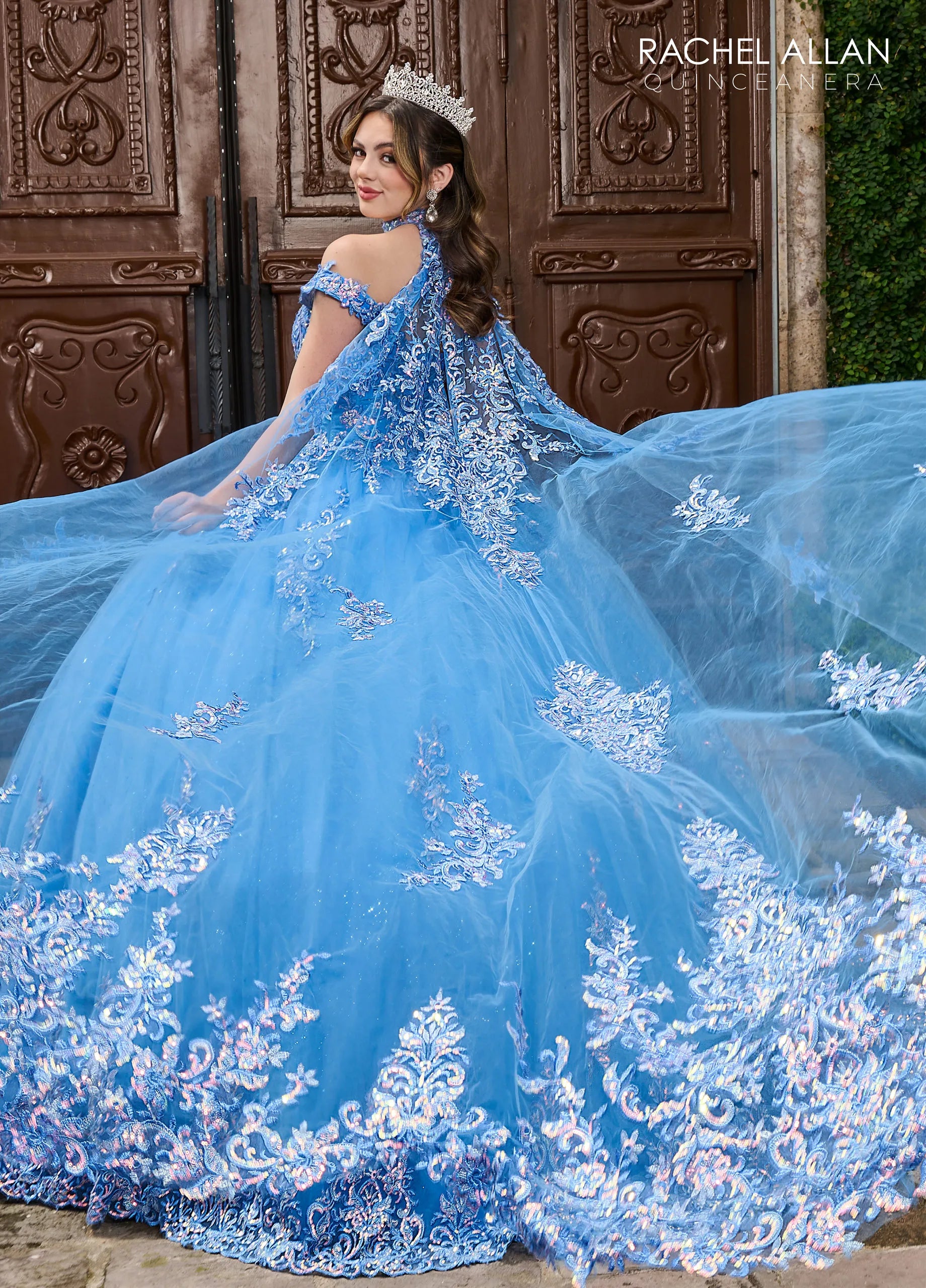 Azure Off-the-Shoulder Floor-Length Glitter Tulle Quinceañera Gown with Lace Appliqué Beading and Lace-Up Back Rachel Allan RQ1121