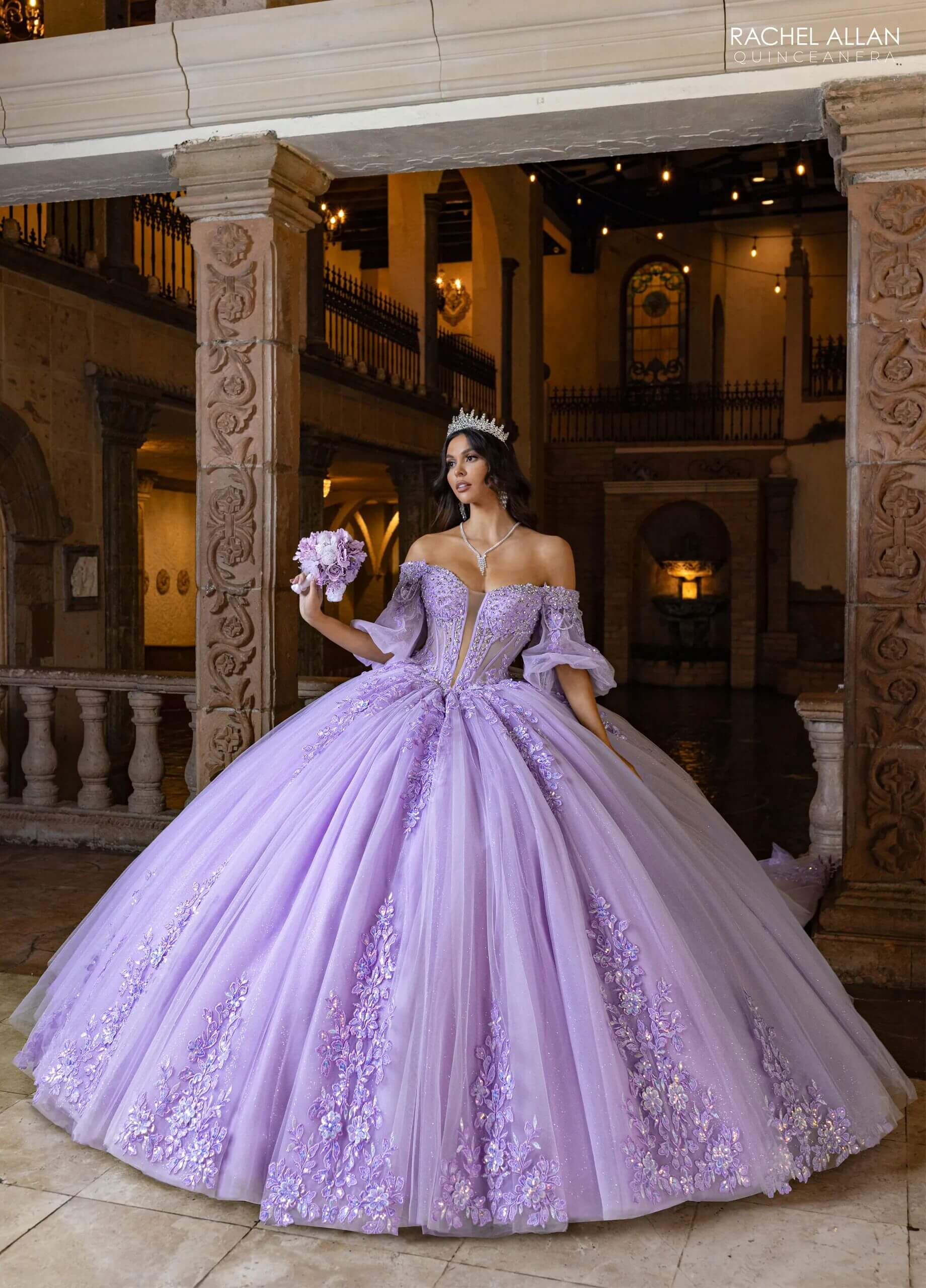 Ivory Lilac Sweetheart Floor Length Glitter Tulle Quinceanera Ball Gown with Detachable Puff Sleeves and Bow Rachel Allan RQ1165