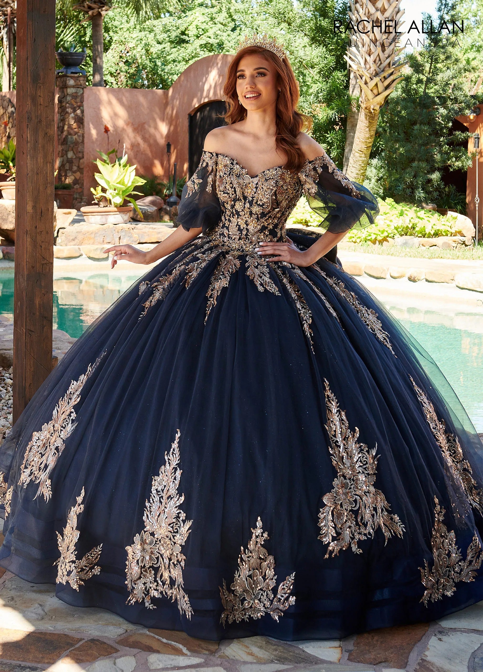  Navy Rose Gold Off the Shoulder Floor Length Glitter Tulle Quinceanera Ball Gown with Puff Sleeves Rachel Allan RQ1110