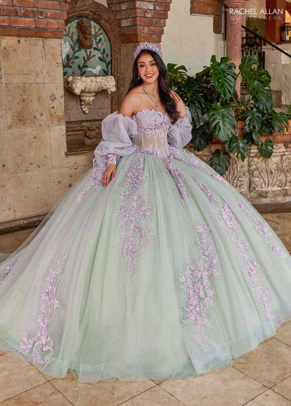 Off the Shoulder Floor Length Tulle Quinceanera Ball Gown with Puff Sleeves Rachel Allan RQ1140