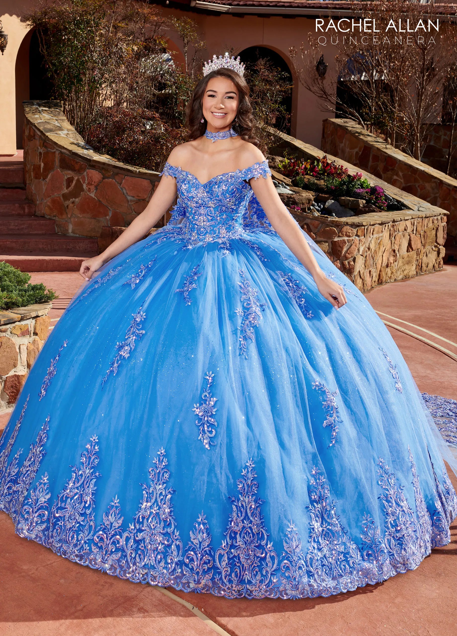Azure Off-the-Shoulder Floor-Length Glitter Tulle Quinceañera Gown with Lace Appliqué Beading and Lace-Up Back Rachel Allan RQ1121