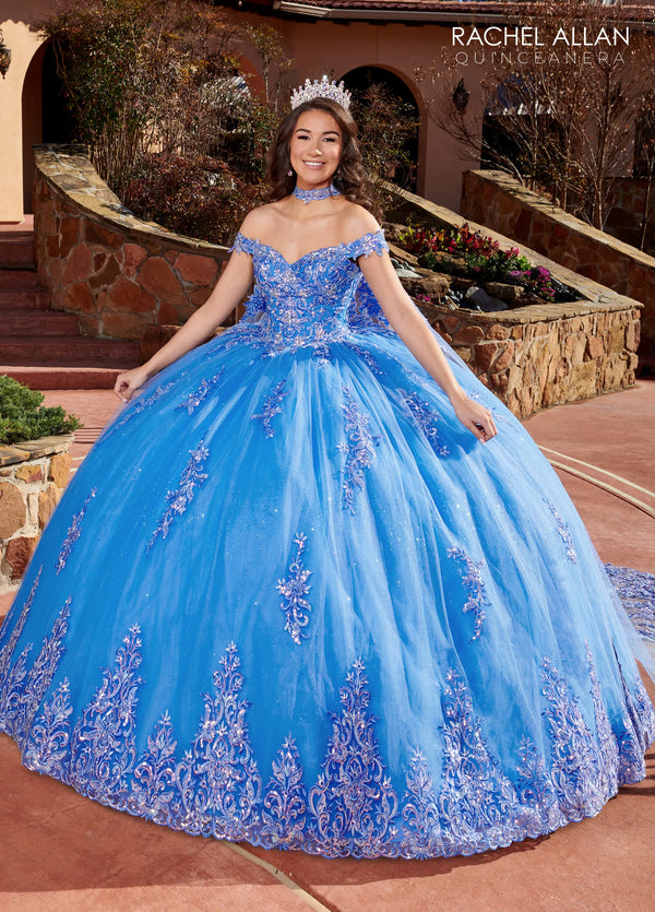 Off-the-Shoulder Floor-Length Glitter Tulle Quinceañera Gown with Lace Appliqué Beading and Lace-Up Back Rachel Allan RQ1121