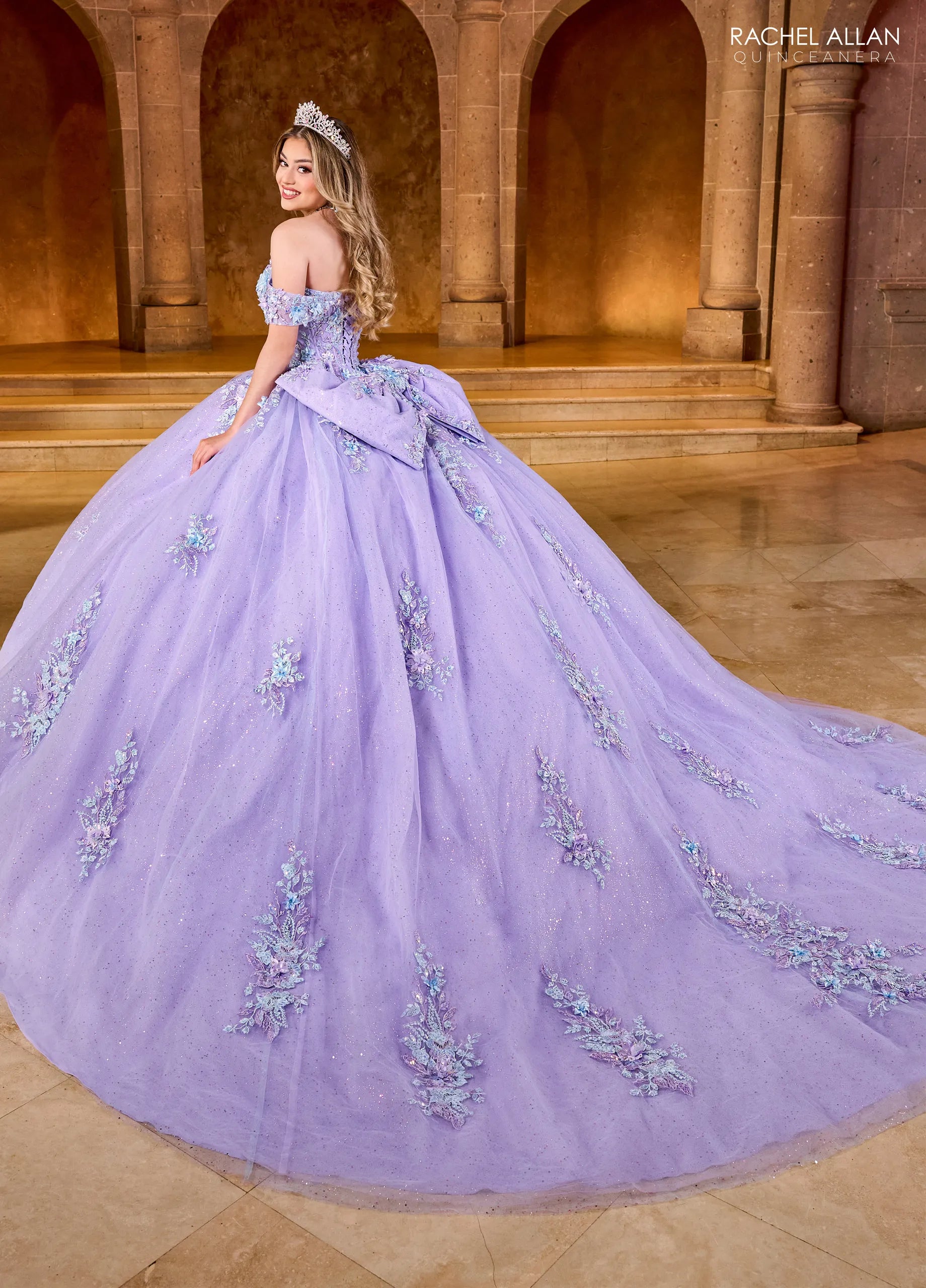 Lilac Multi Off the Shoulder Floor Length Glitter Tulle Quinceanera Ball Gown with Floral Embroidery Rachel Allan RQ1153