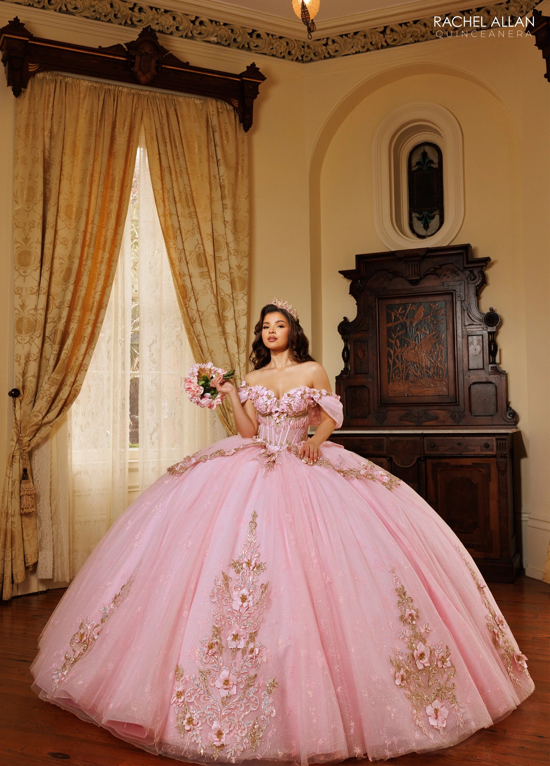 Off-the-Shoulder Floor-Length Tulle Quinceañe Ball Gown Rachel Allan RQ1196