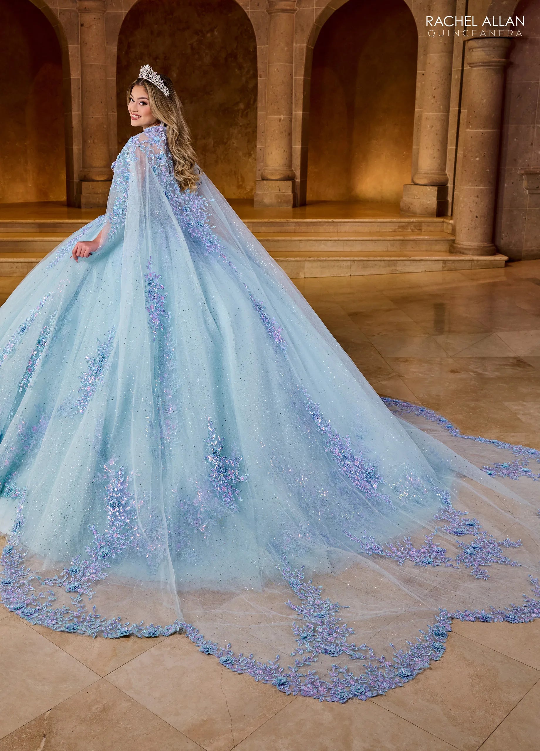 Light Blue Multi Sweetheart Floor Length Tulle Quinceanera Ball Gown with Floral Applique Rachel Allan RQ1148