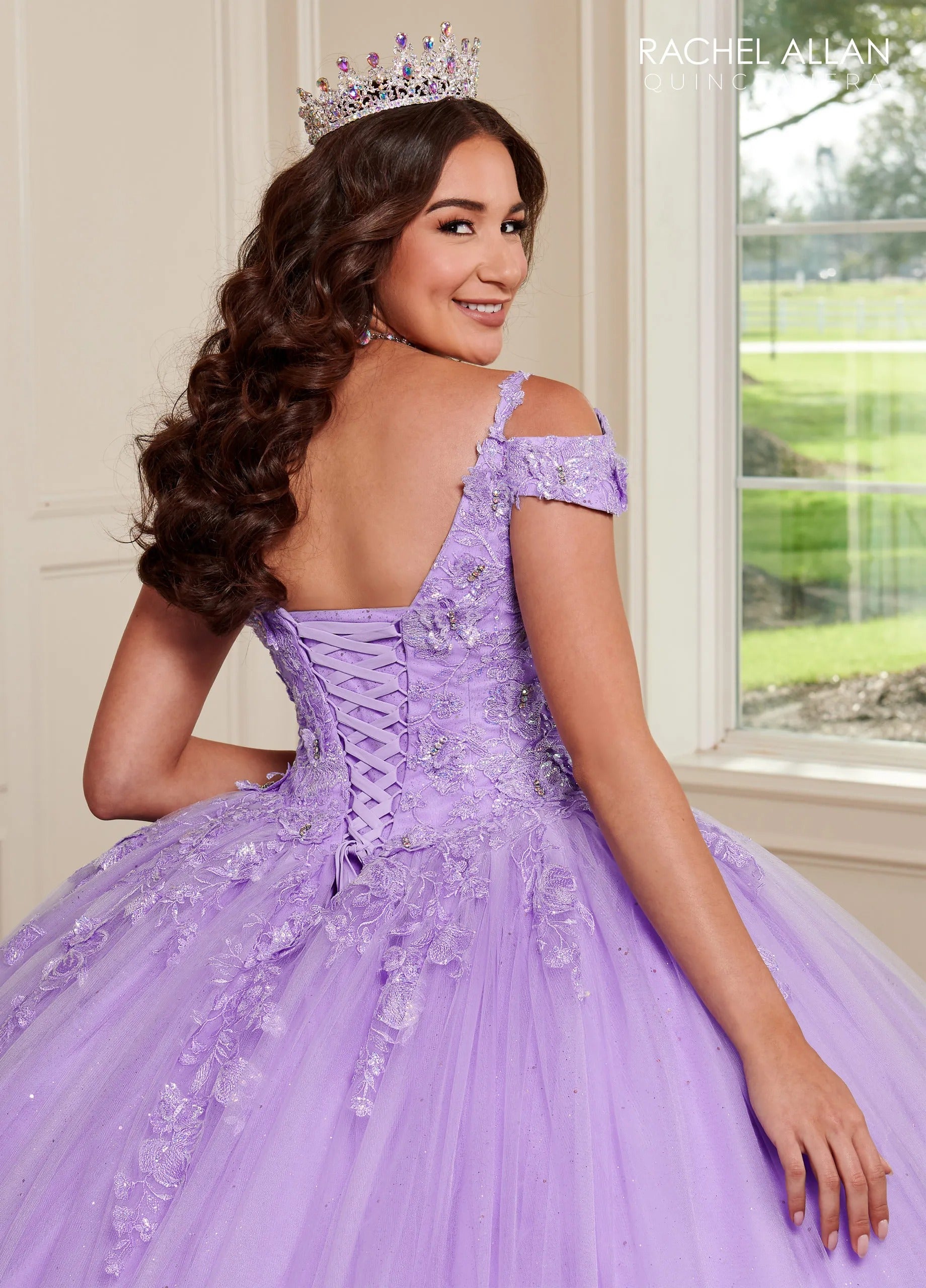 Lilac V Neck Floor-Length Glitter Tulle Quinceanera Ball Gown with 3D Butterflies Rachel Allan RQ1126