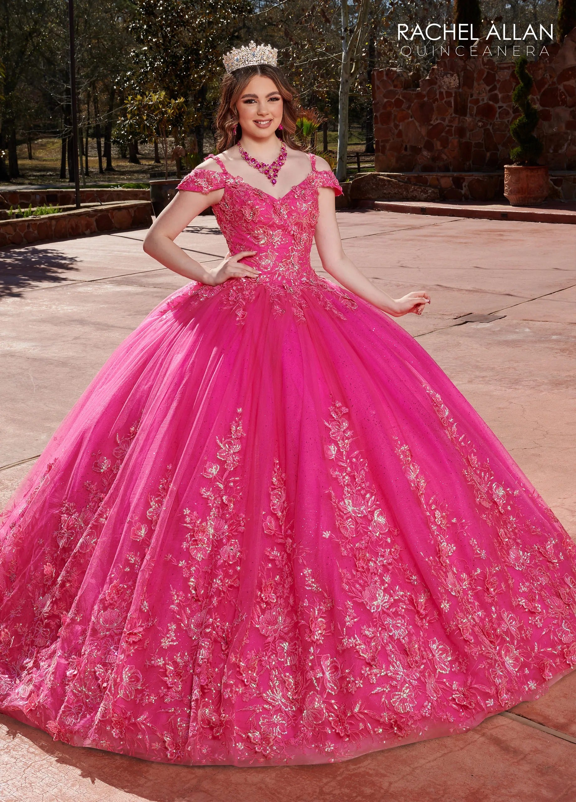 Fuchsia V Neck Floor-Length Glitter Tulle Quinceanera Ball Gown with 3D Butterflies Rachel Allan RQ1126