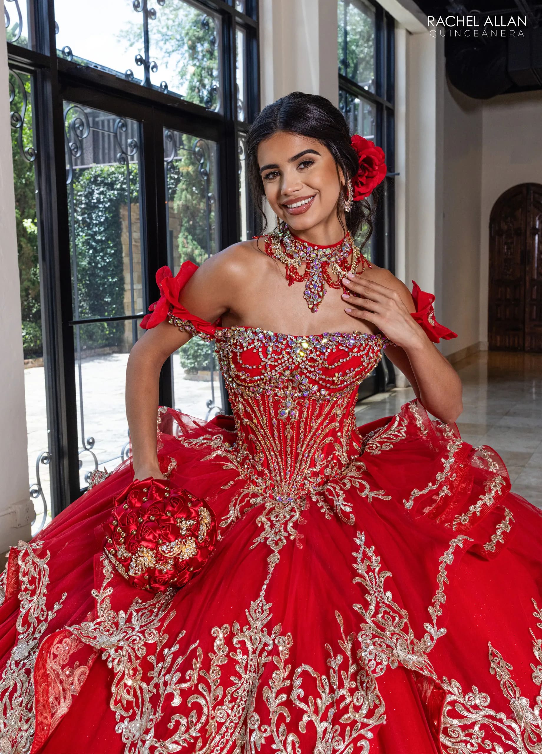 Deep Red Gold Off the Shoulder Floor-Length Glitter Tulle Quinceanera Ball-Gown with Detachable Bow Rachel Allan RQ1180