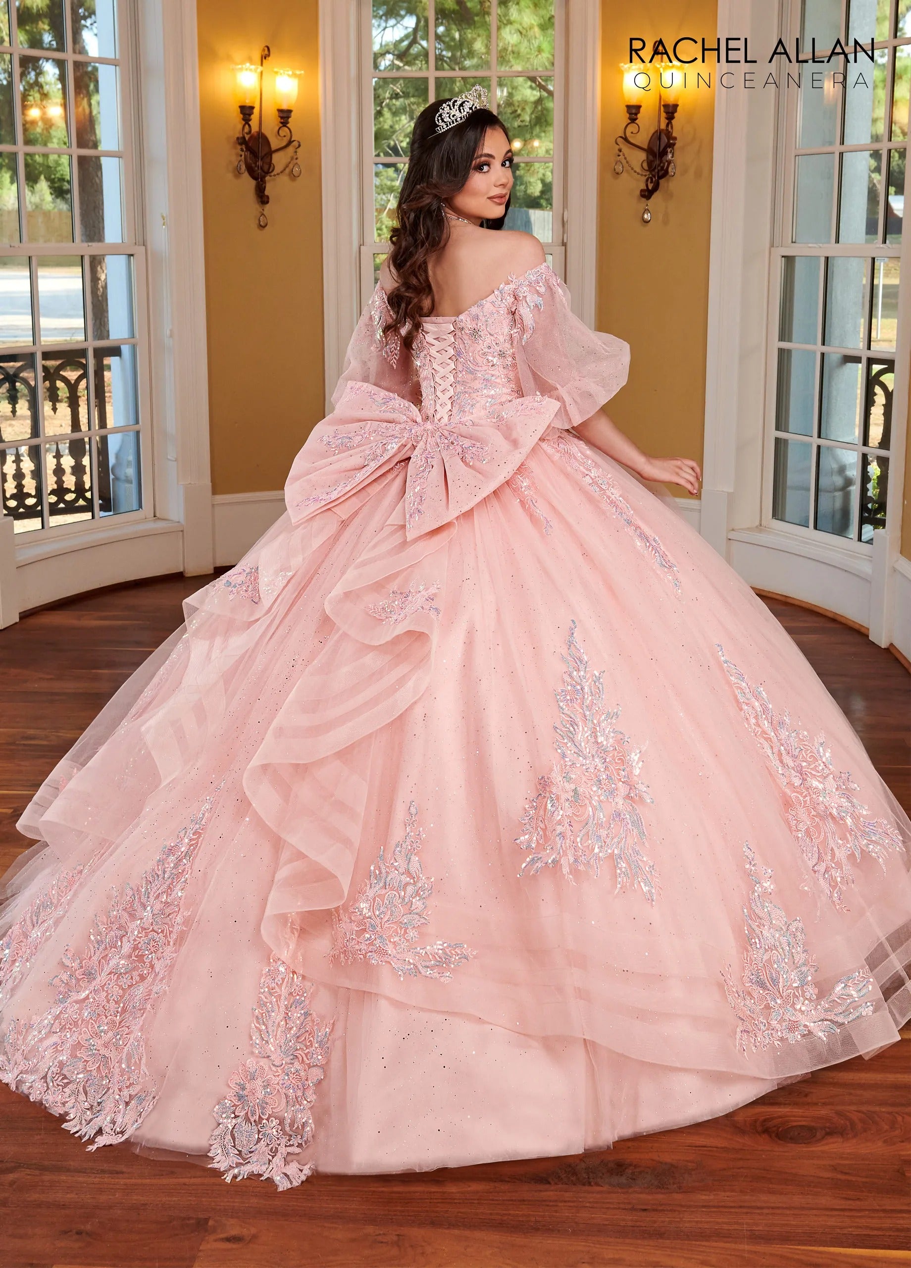 Blush Off the Shoulder Floor Length Glitter Tulle Quinceanera Ball Gown with Puff Sleeves Rachel Allan RQ1110