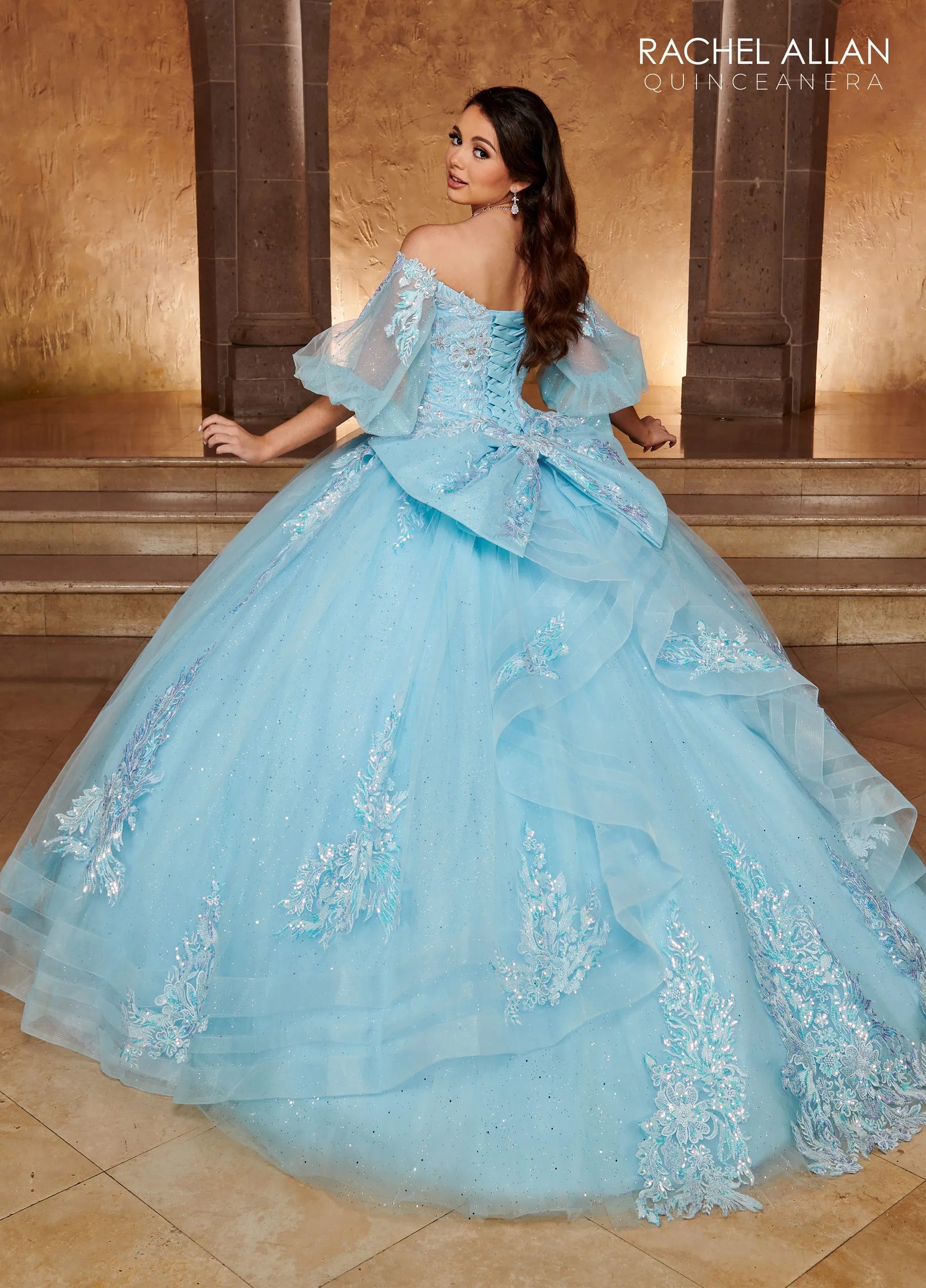 Light Blue Off the Shoulder Floor Length Glitter Tulle Quinceanera Ball Gown with Puff Sleeves Rachel Allan RQ1110