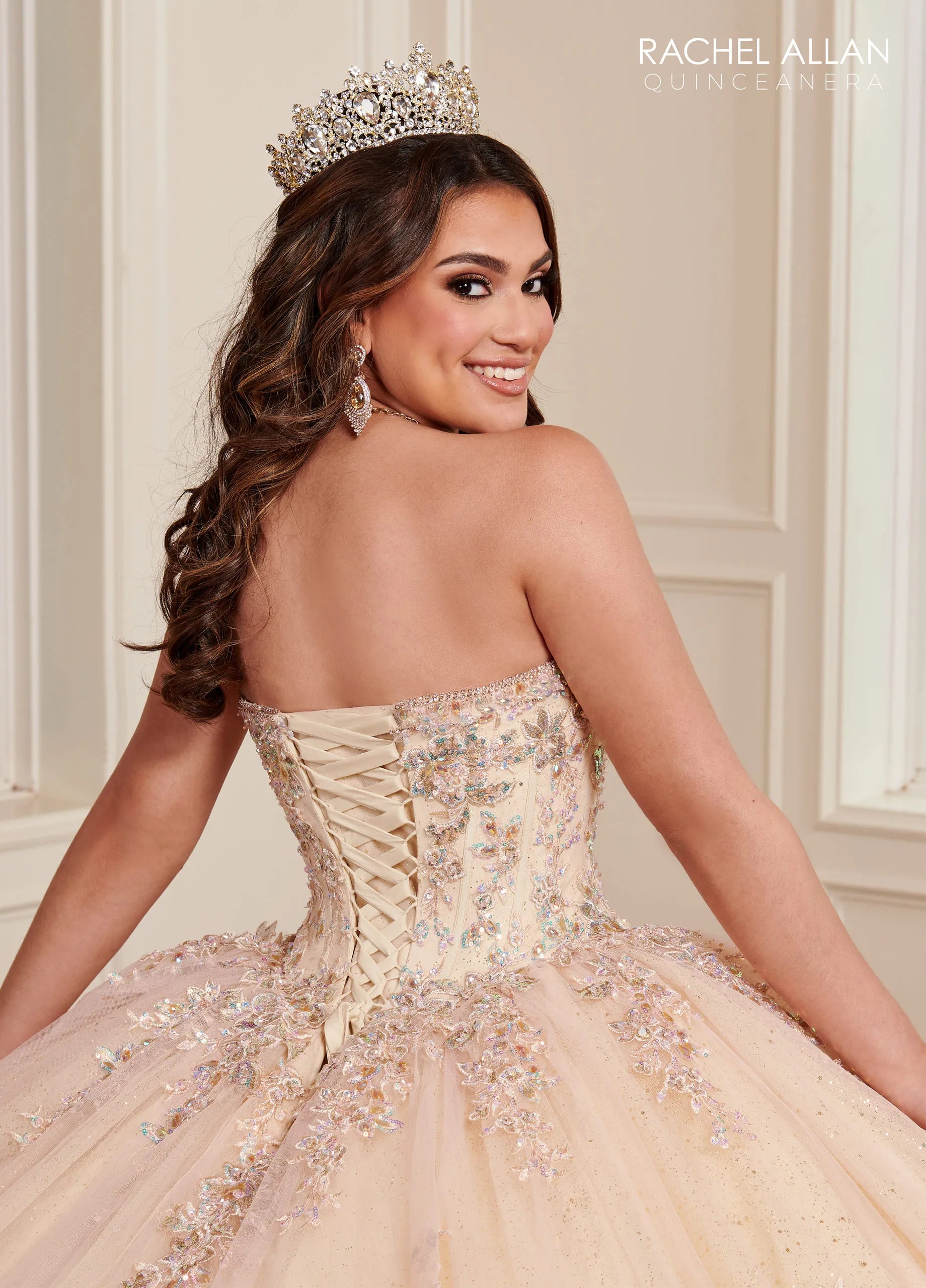 Blush Champagne Sweetheart Floor-Length Glitter Tulle Quinceanera Ball Gown with Detachable Bell Sleeves Rachel Allan RQ1120