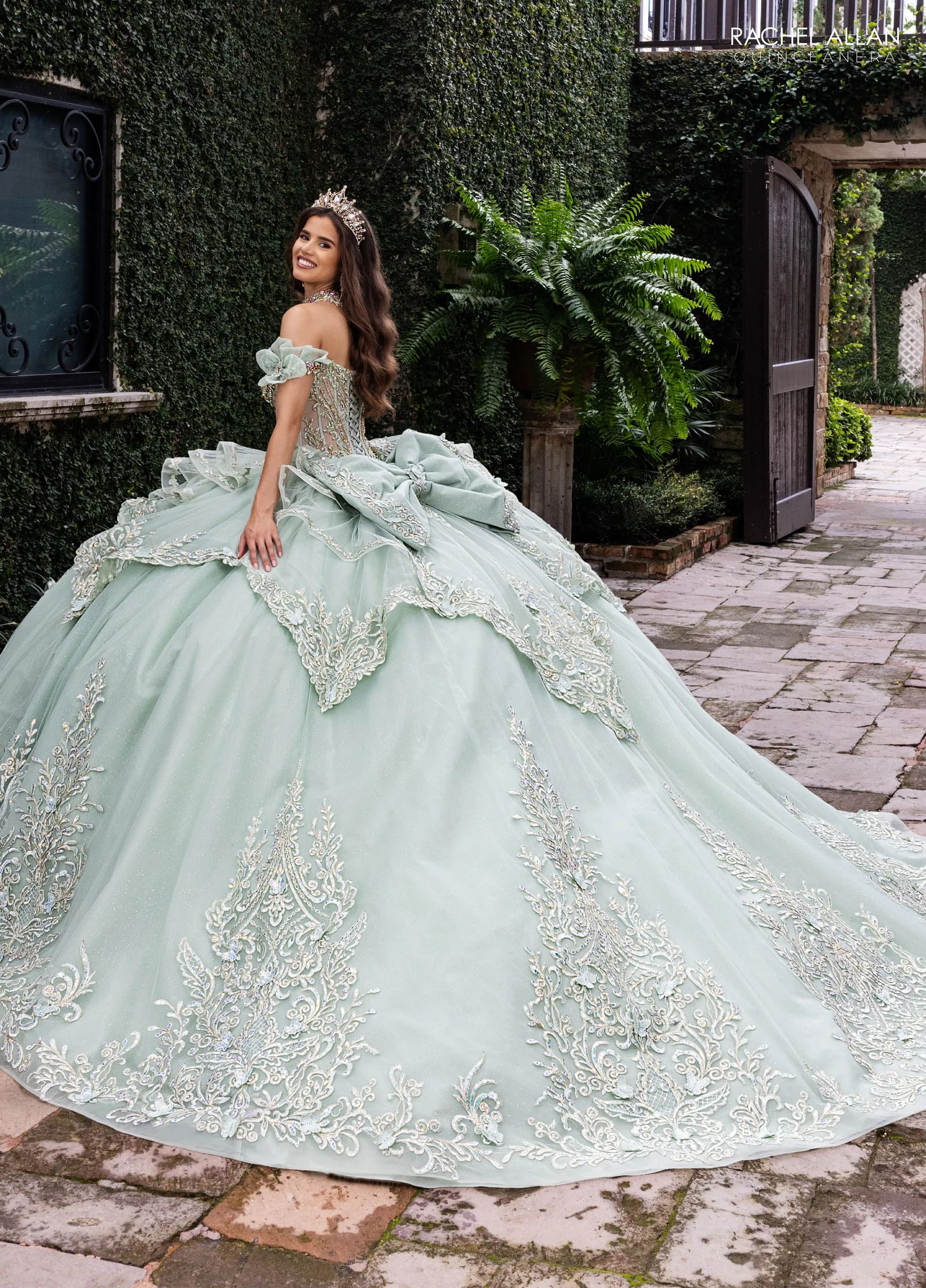 Sage Off the Shoulder Floor-Length Glitter Tulle Quinceanera Ball-Gown with Detachable Bow Rachel Allan RQ1180