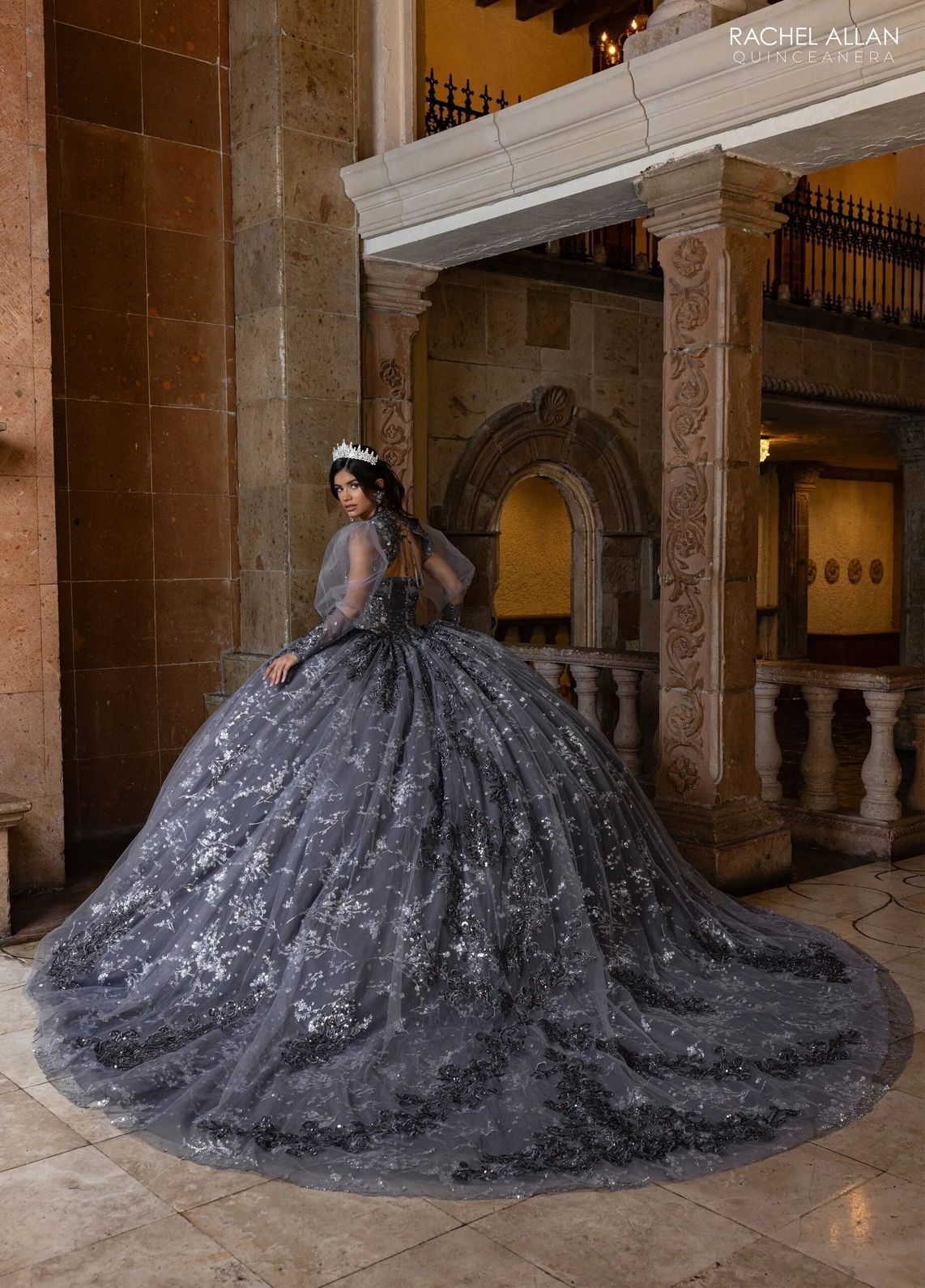 Gunmetal Silver High Neck Floor Length Glitter Tulle Quinceanera Ball Gown with Detachable Sleeves Rachel Allan RQ1172