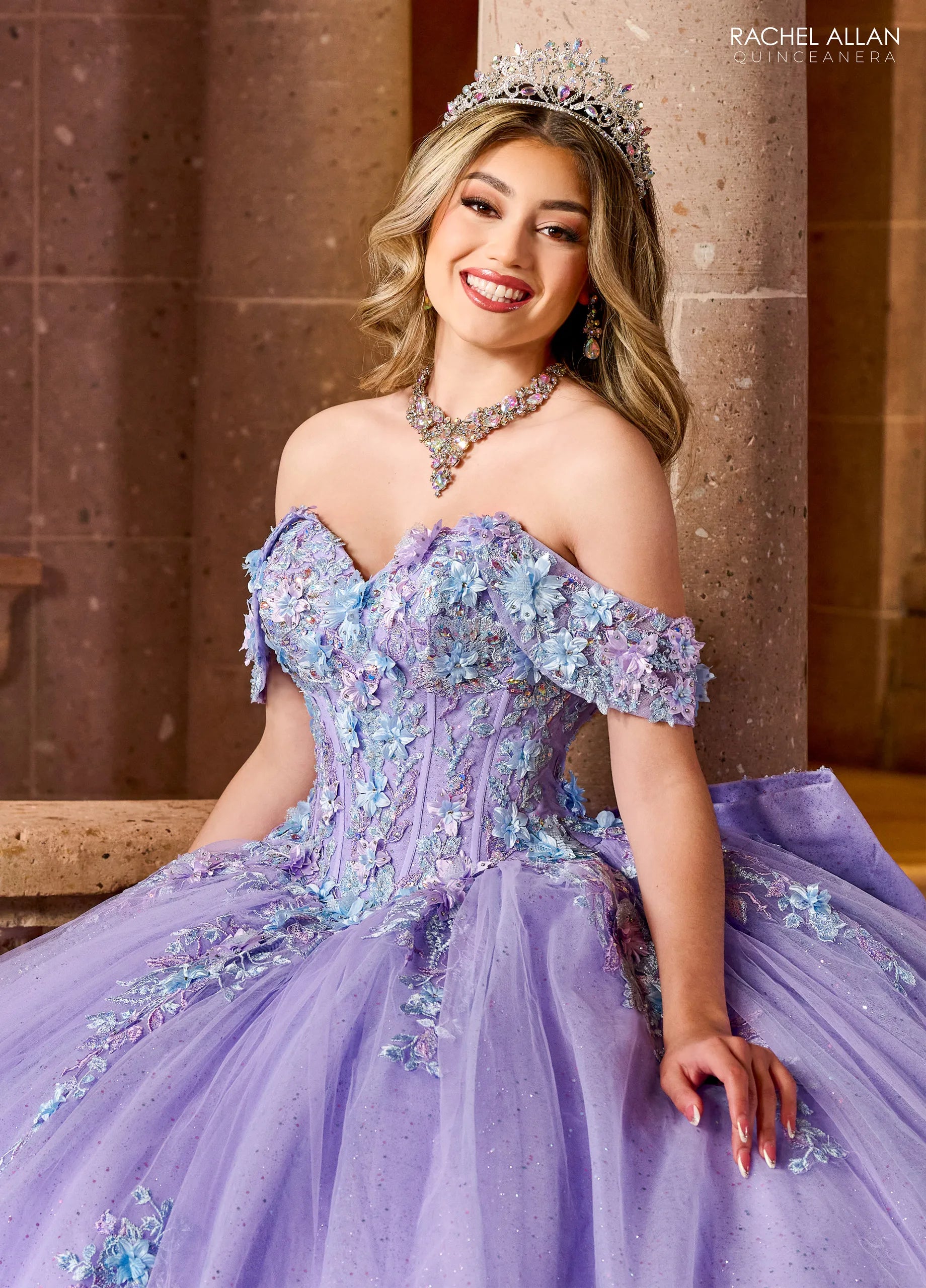 Lilac Multi Off the Shoulder Floor Length Glitter Tulle Quinceanera Ball Gown with Floral Embroidery Rachel Allan RQ1153