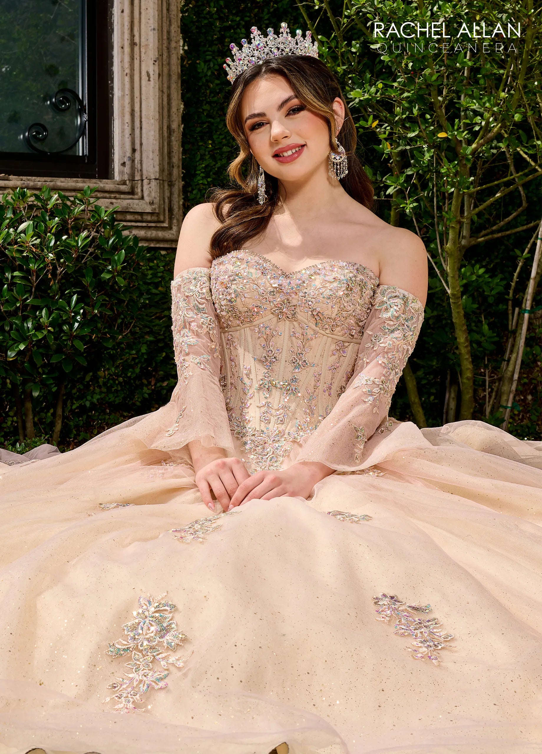 Blush Champagne Sweetheart Floor-Length Glitter Tulle Quinceanera Ball Gown with Detachable Bell Sleeves Rachel Allan RQ1120