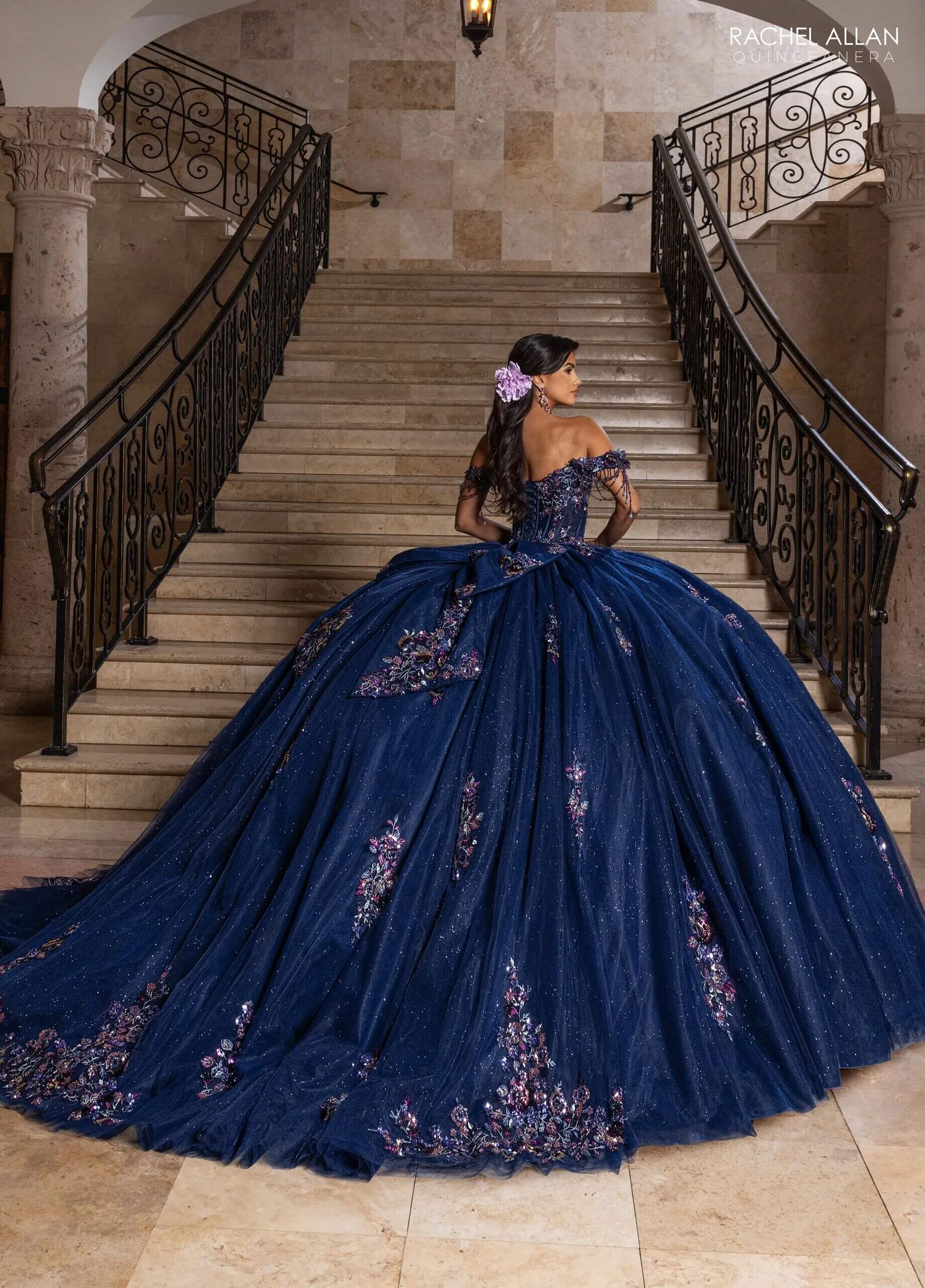 Navy Multi Off the Shoulder Floor Length Glitter Tulle Quinceanera Ball Gown with Floral Applique Rachel Allan RQ1184