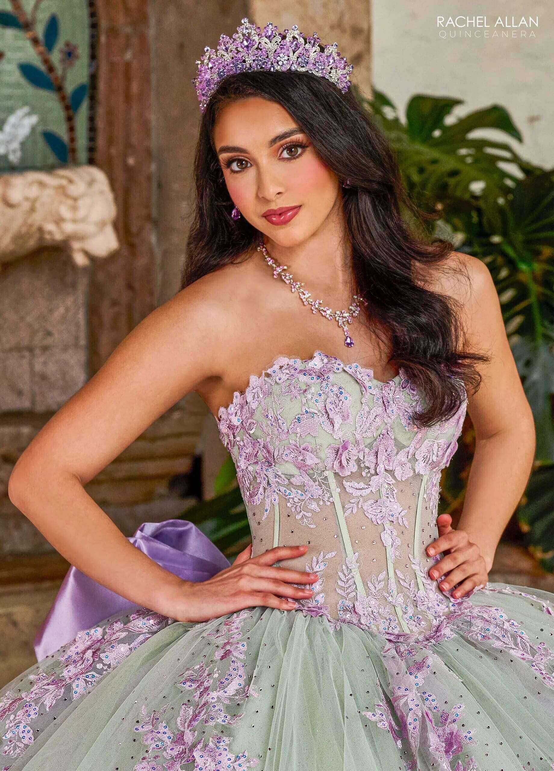 Sage Lilac Off the Shoulder Floor Length Tulle Quinceanera Ball Gown with Puff Sleeves Rachel Allan RQ1140