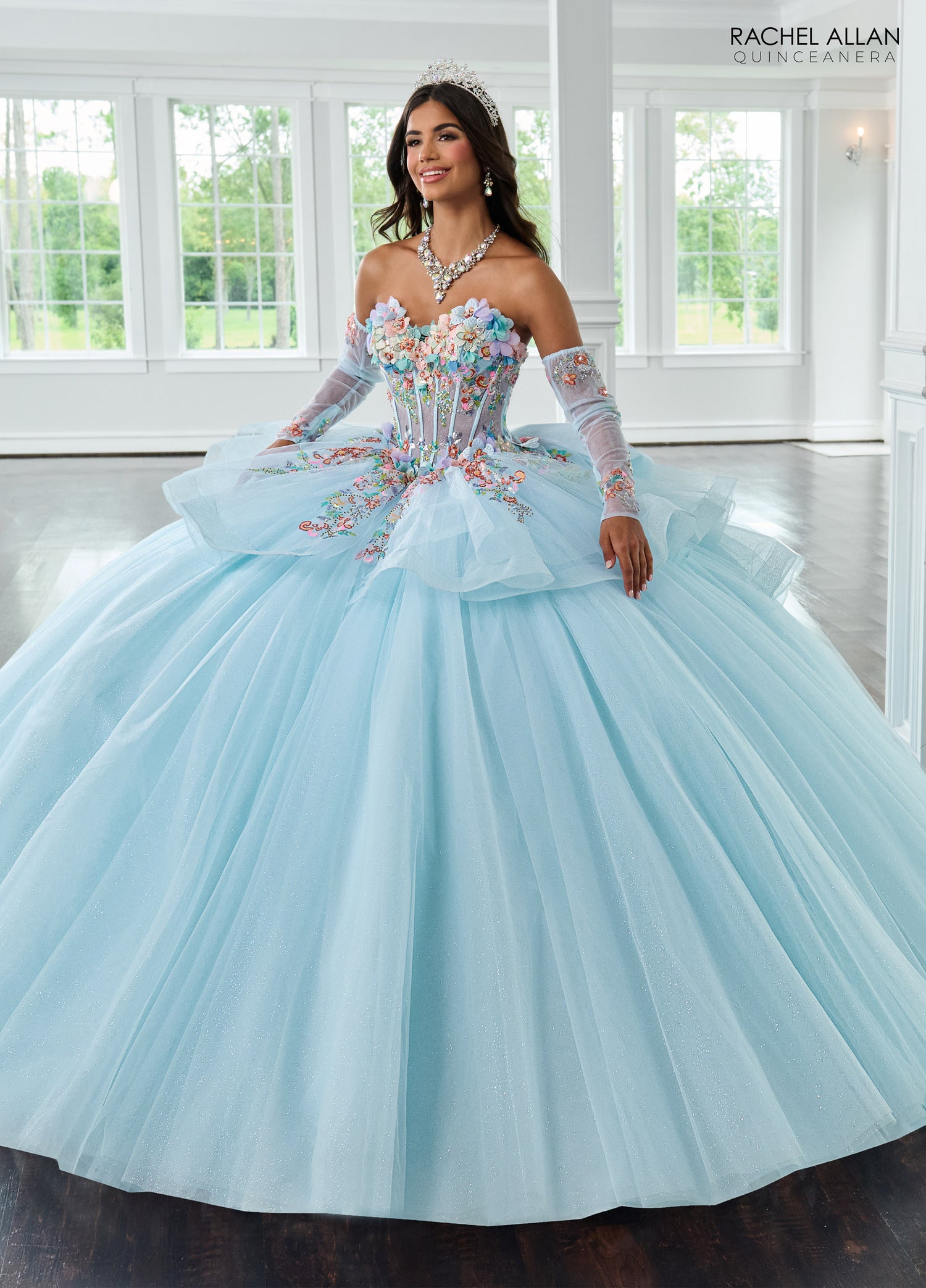 Quinceniera Dresses Ball Gown Beaded Long Sequin Quinceanera Dress Light Blue Multi