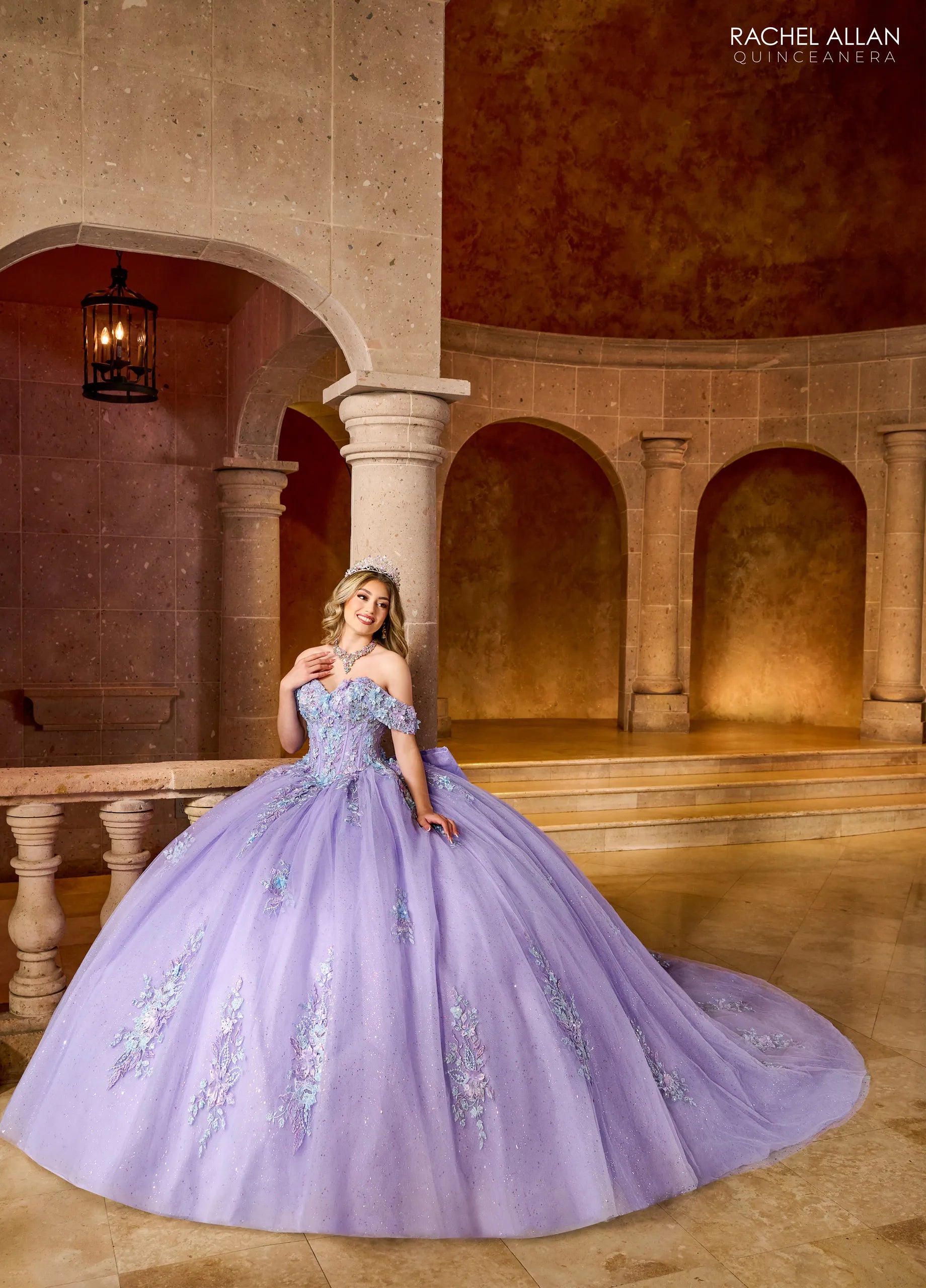 Lilac Multi Off the Shoulder Floor Length Glitter Tulle Quinceanera Ball Gown with Floral Embroidery Rachel Allan RQ1153
