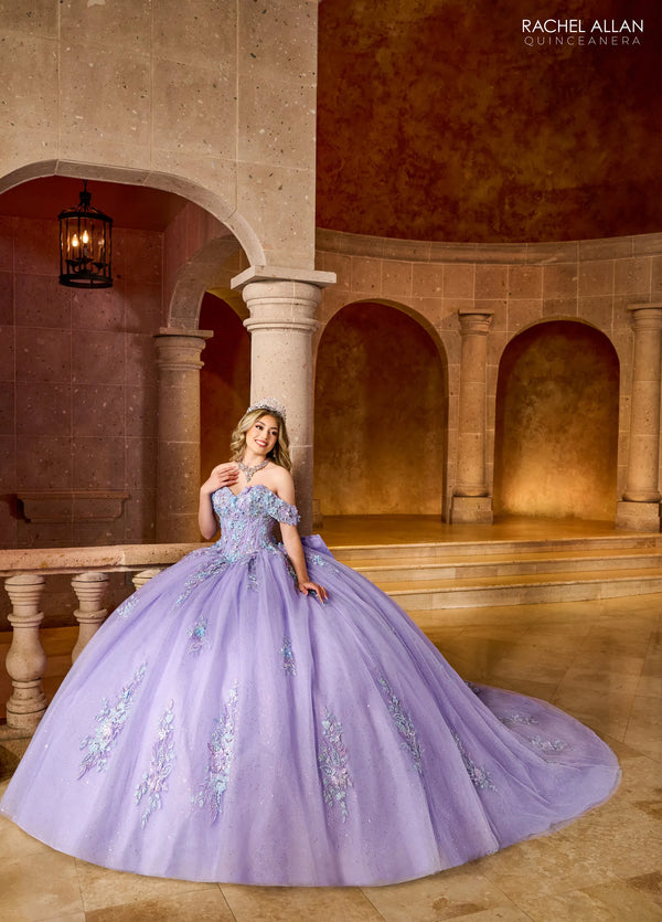 Off the Shoulder Floor Length Glitter Tulle Quinceanera Ball Gown with Floral Embroidery Rachel Allan RQ1153