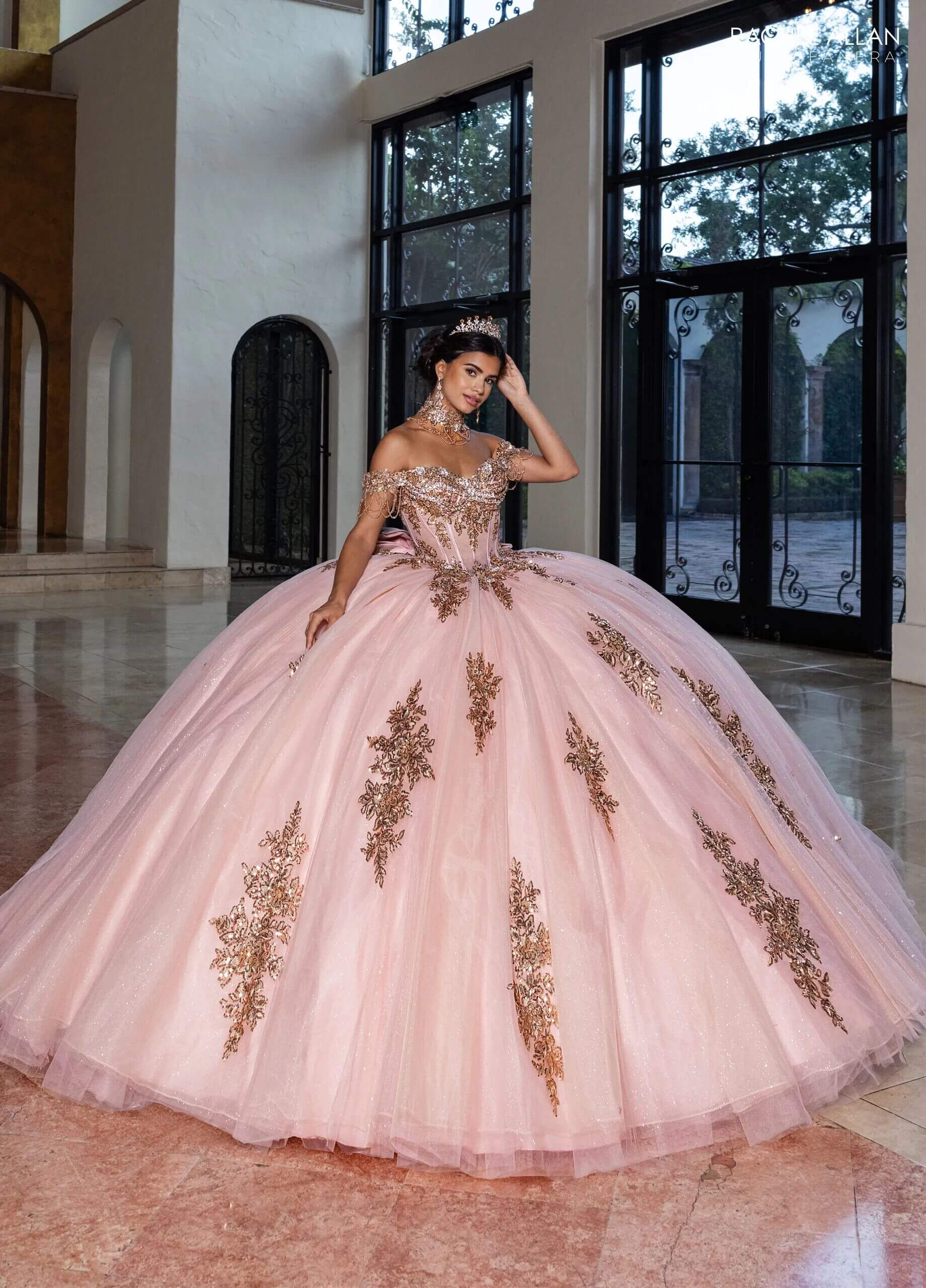 Rose Gold Off the Shoulder Floor Length Glitter Tulle Quinceanera Ball Gown Rachel Allan RQ1183