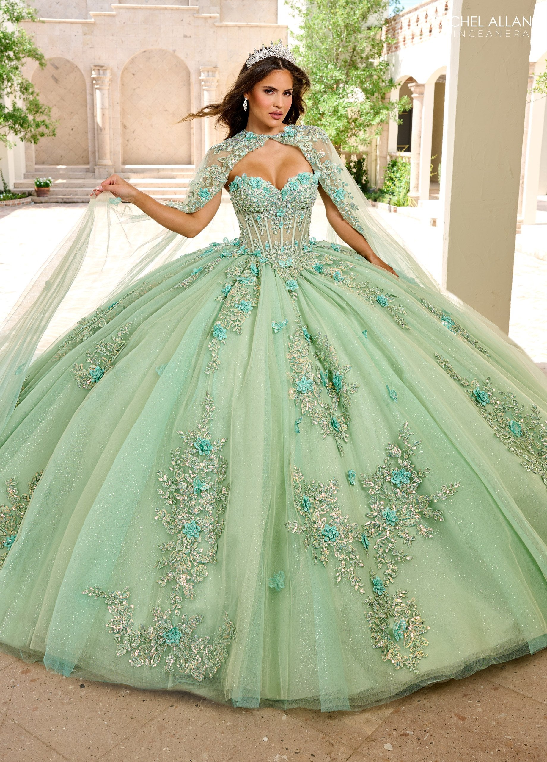 Rachel Allan RQ1155 Long Ball Gown Lace Floral Glitter Quinceanera Dress - Sage Mint / 20 Rachel Allan RQ1155 Long Ball Gown Lace Floral Glitter Quinceanera Dress - Sage Mint / 20