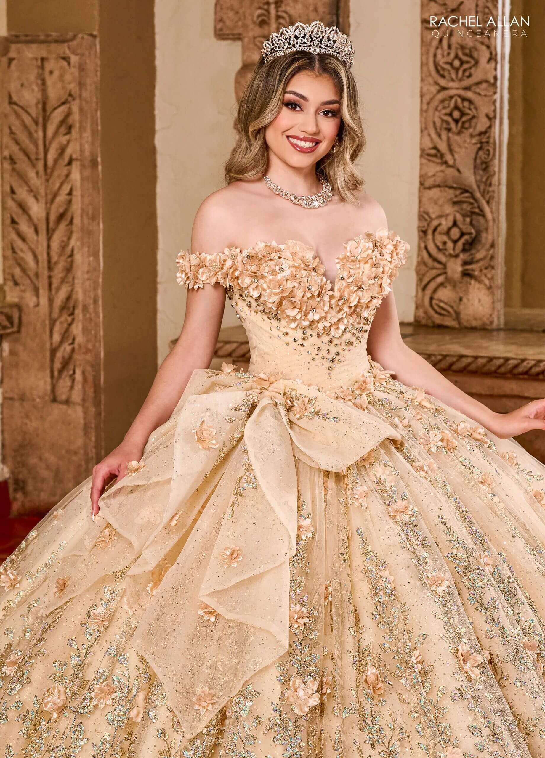Champagne Gold Off the Shoulder Floor Length Tulle Quinceanera Ball Gown with Floral Appliqué Rachel Allan RQ1141