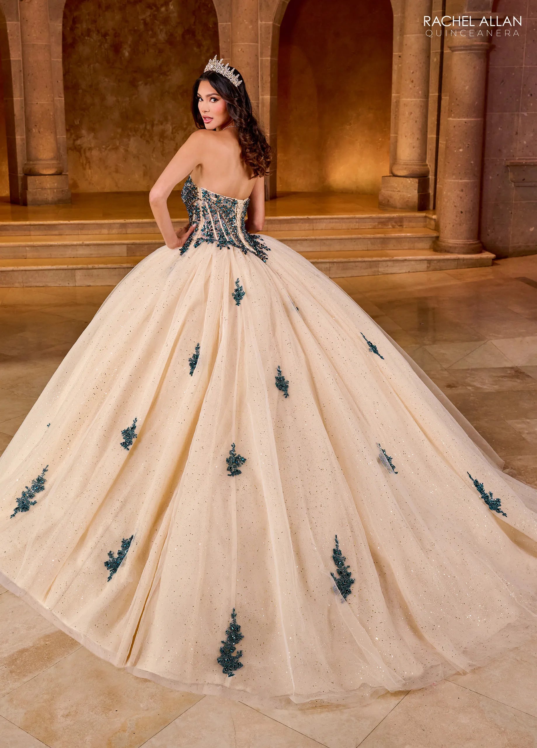 Champagne Peacock Sweetheart Floor Length Glitter Tulle Quinceanera Ball Gown with Detachable Bow Rachel Rachel Allan RQ1152