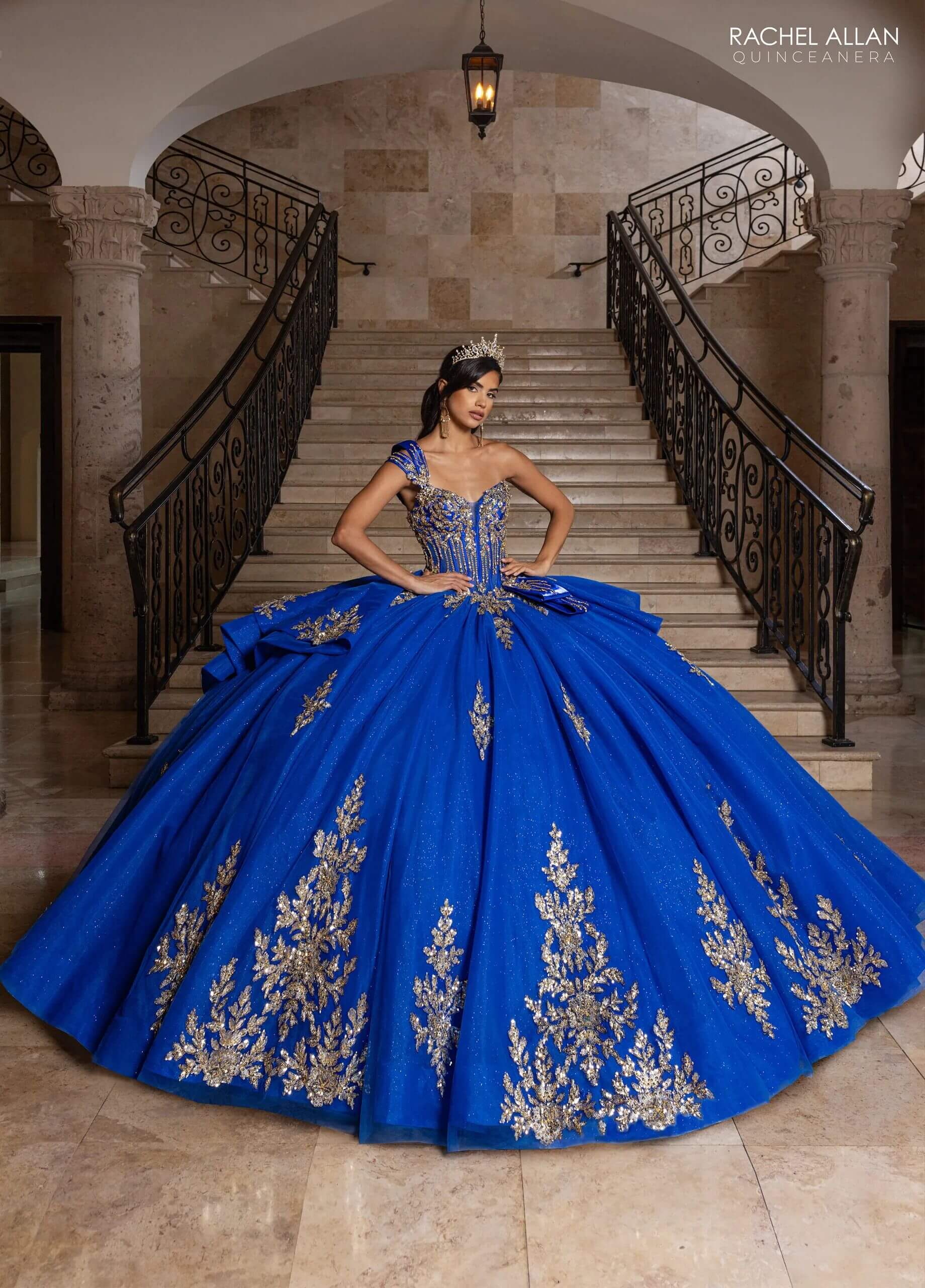 Royal Gold One Shoulder Floor Length Glitter Tulle Quinceanera Ball Gown with Peplum Overskirt Rachel Allan RQ1186