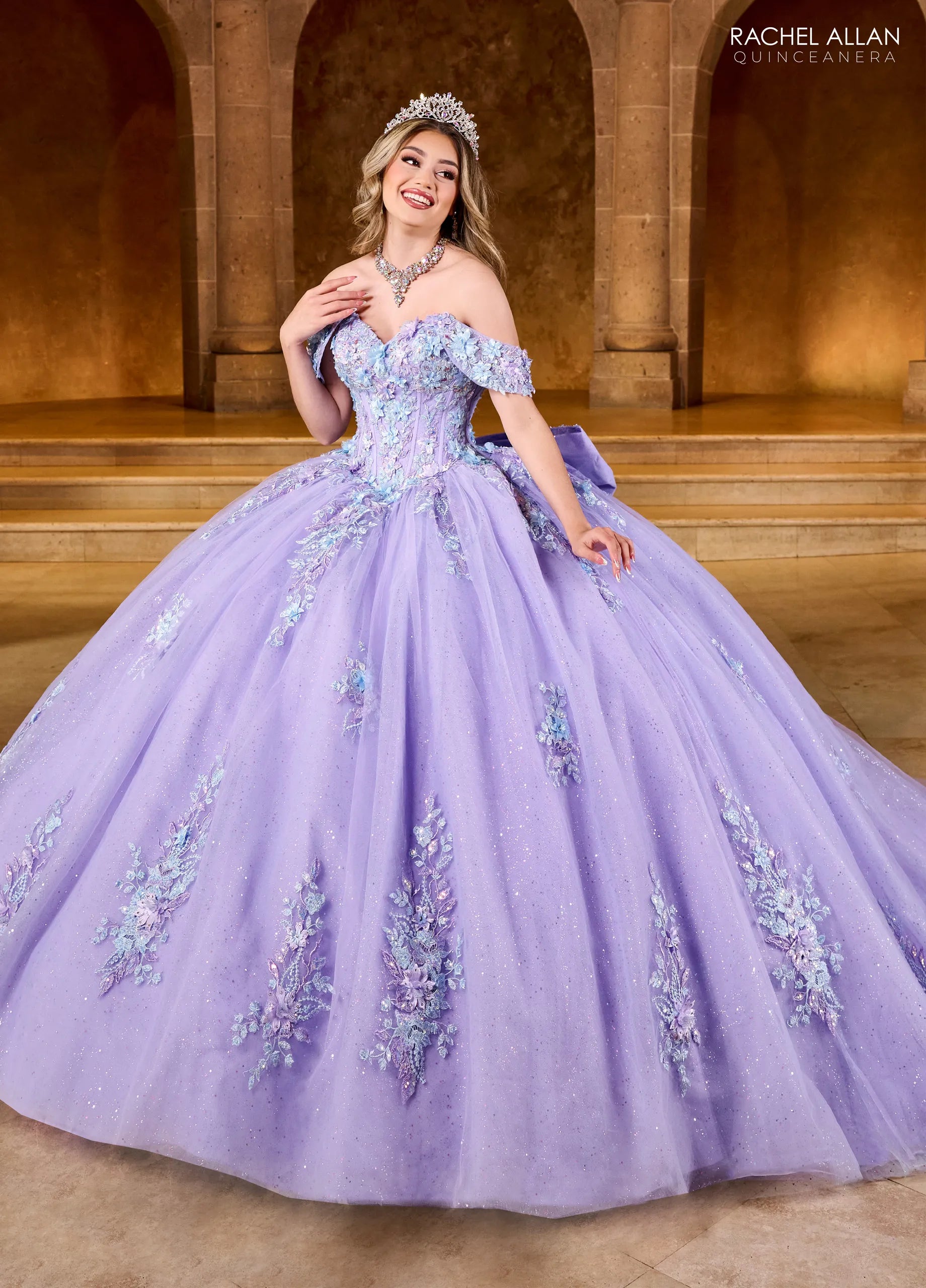 Lilac Multi Off the Shoulder Floor Length Glitter Tulle Quinceanera Ball Gown with Floral Embroidery Rachel Allan RQ1153