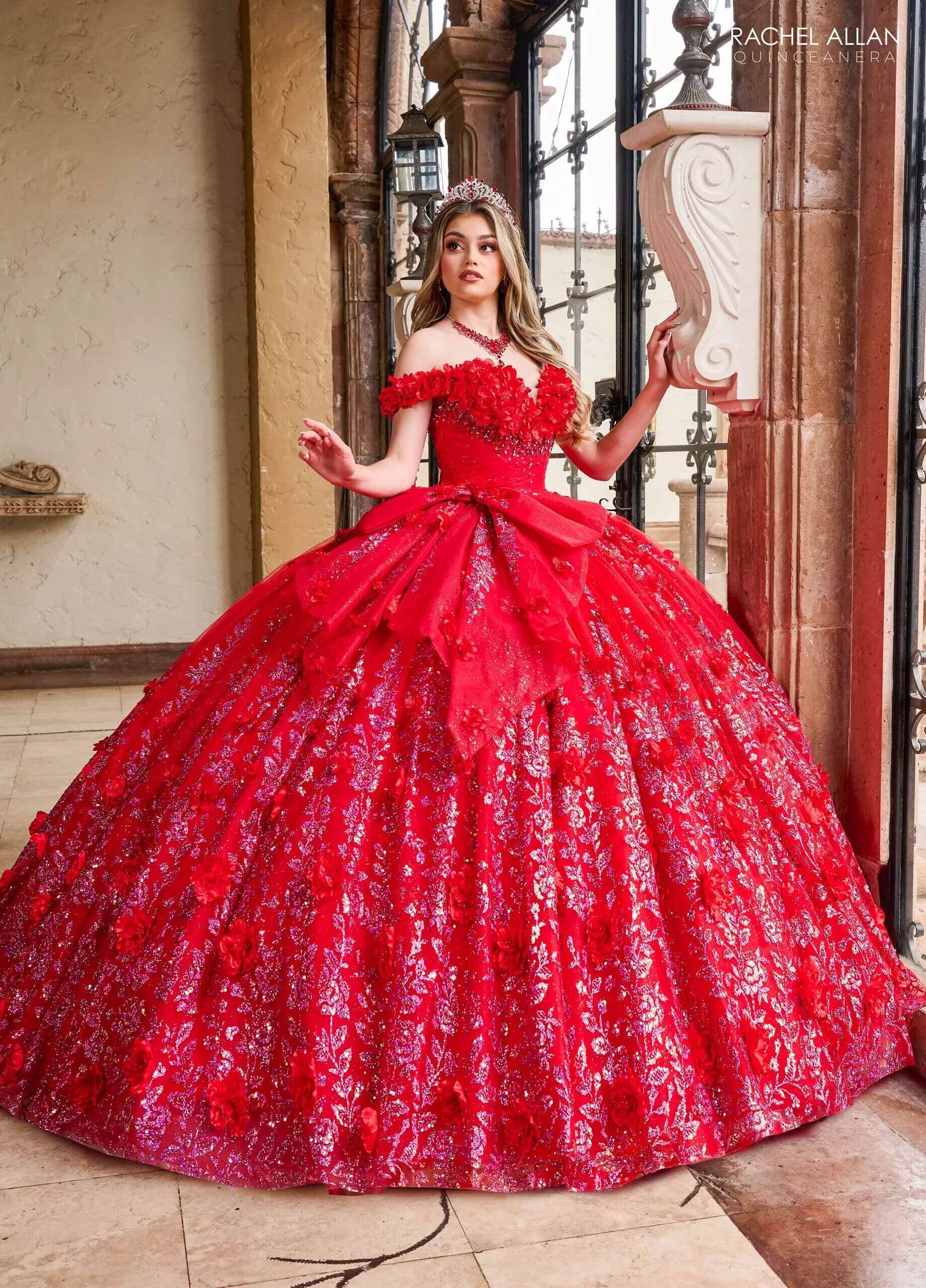 Red Fuchsia Off the Shoulder Floor Length Tulle Quinceanera Ball Gown with Floral Appliqué Rachel Allan RQ1141