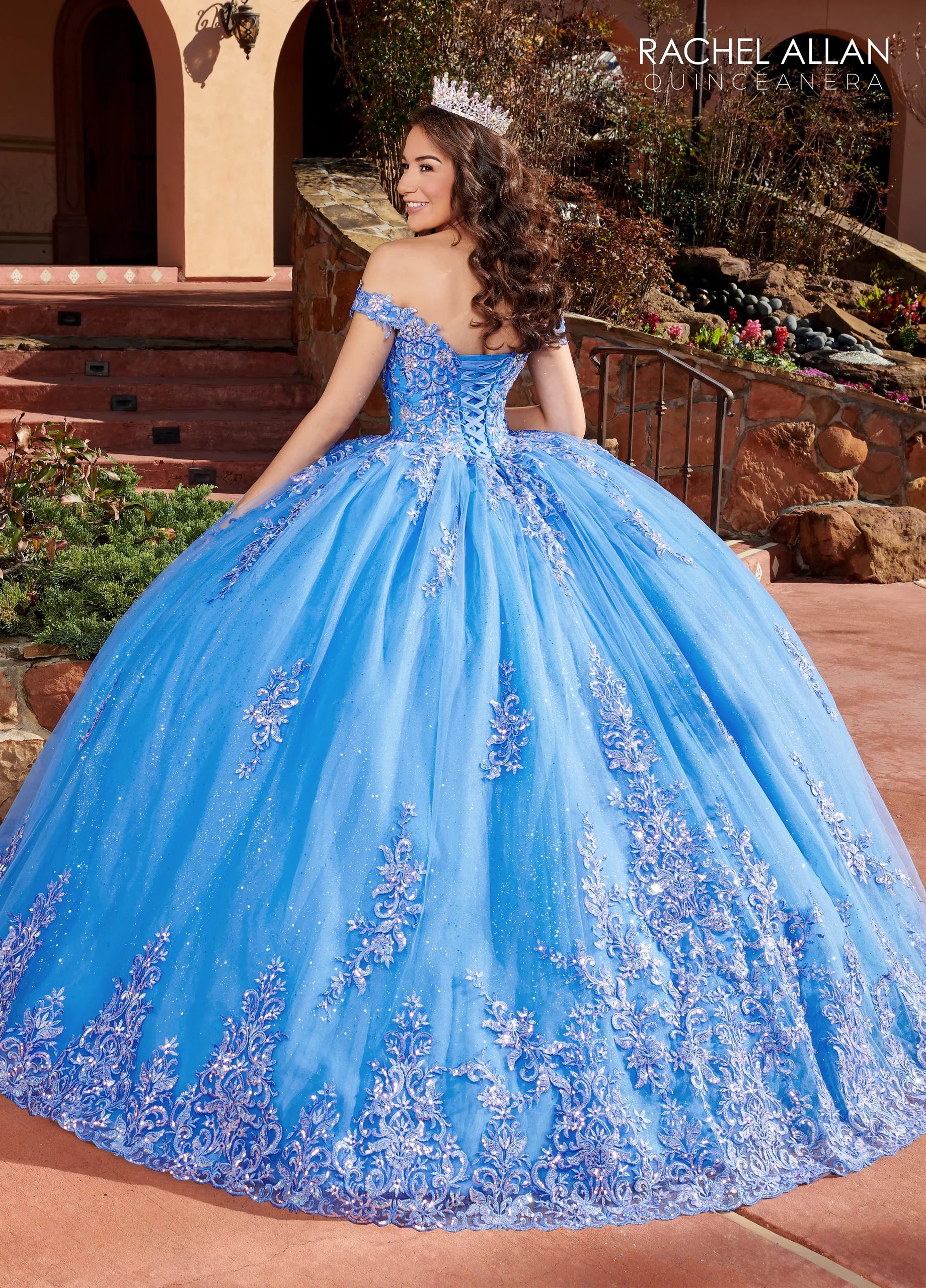 Azure Off-the-Shoulder Floor-Length Glitter Tulle Quinceañera Gown with Lace Appliqué Beading and Lace-Up Back Rachel Allan RQ1121